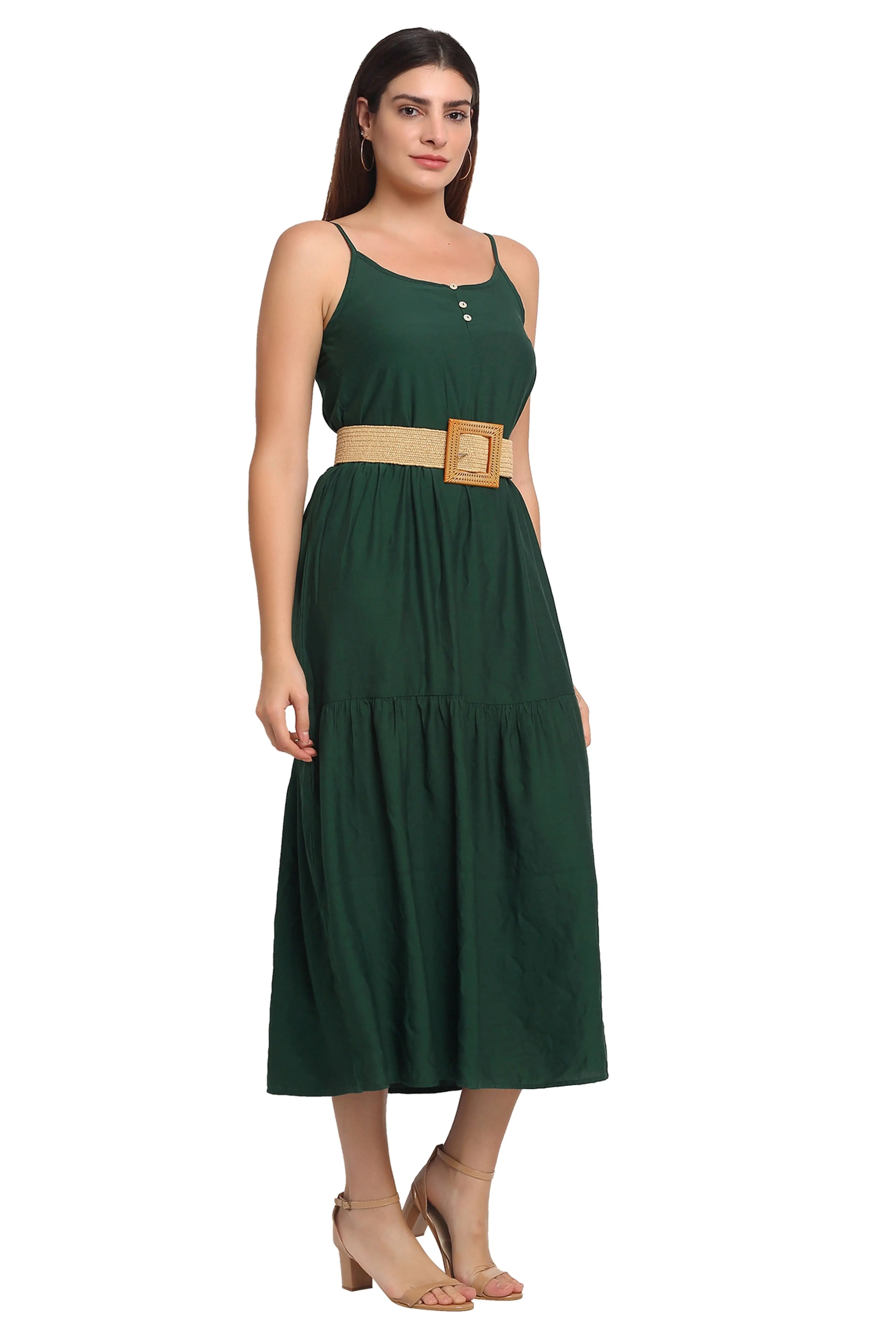Dark Green Rayon Regular Fit Dress - Global Republic
