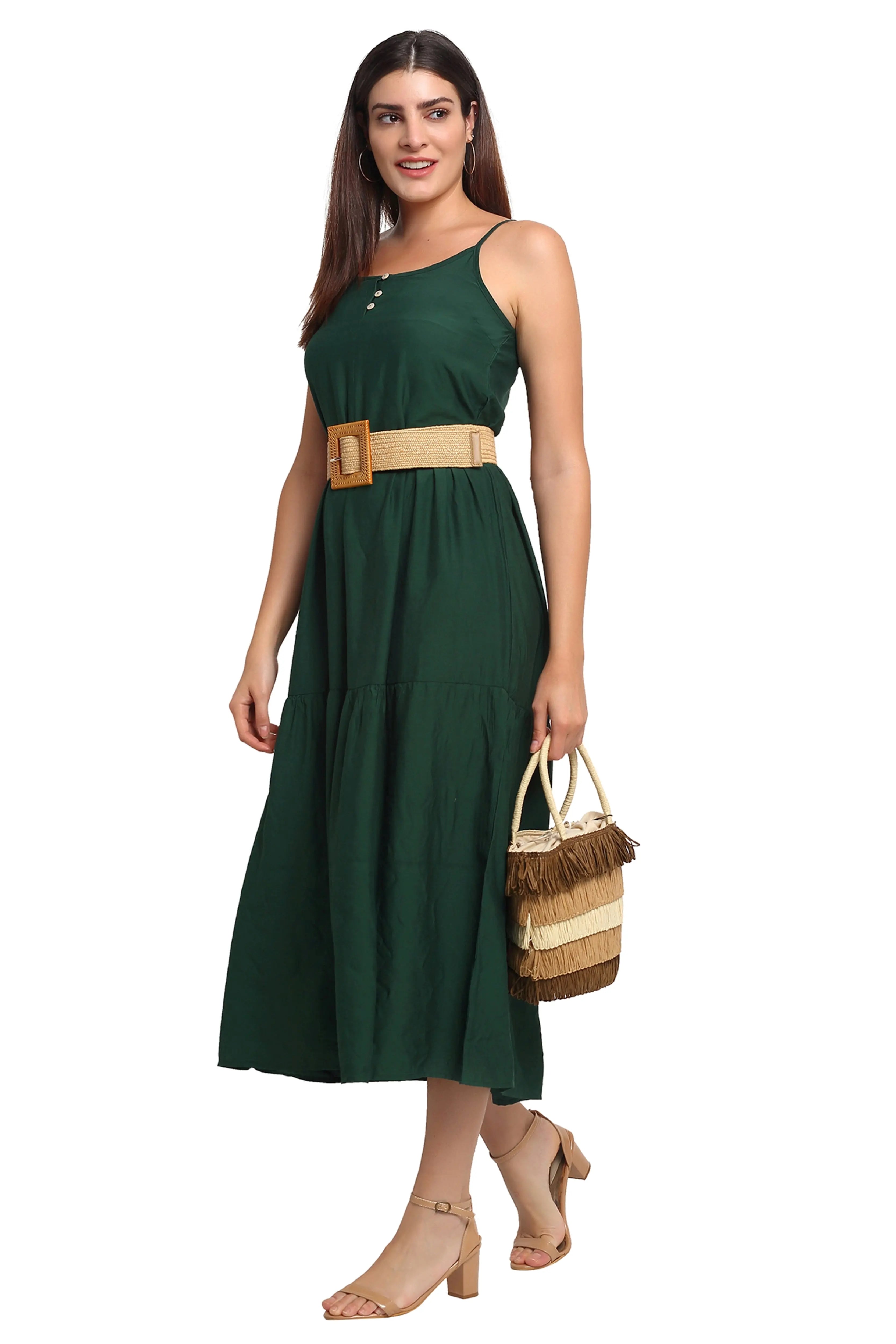 Dark Green Rayon Regular Fit Dress - Global Republic