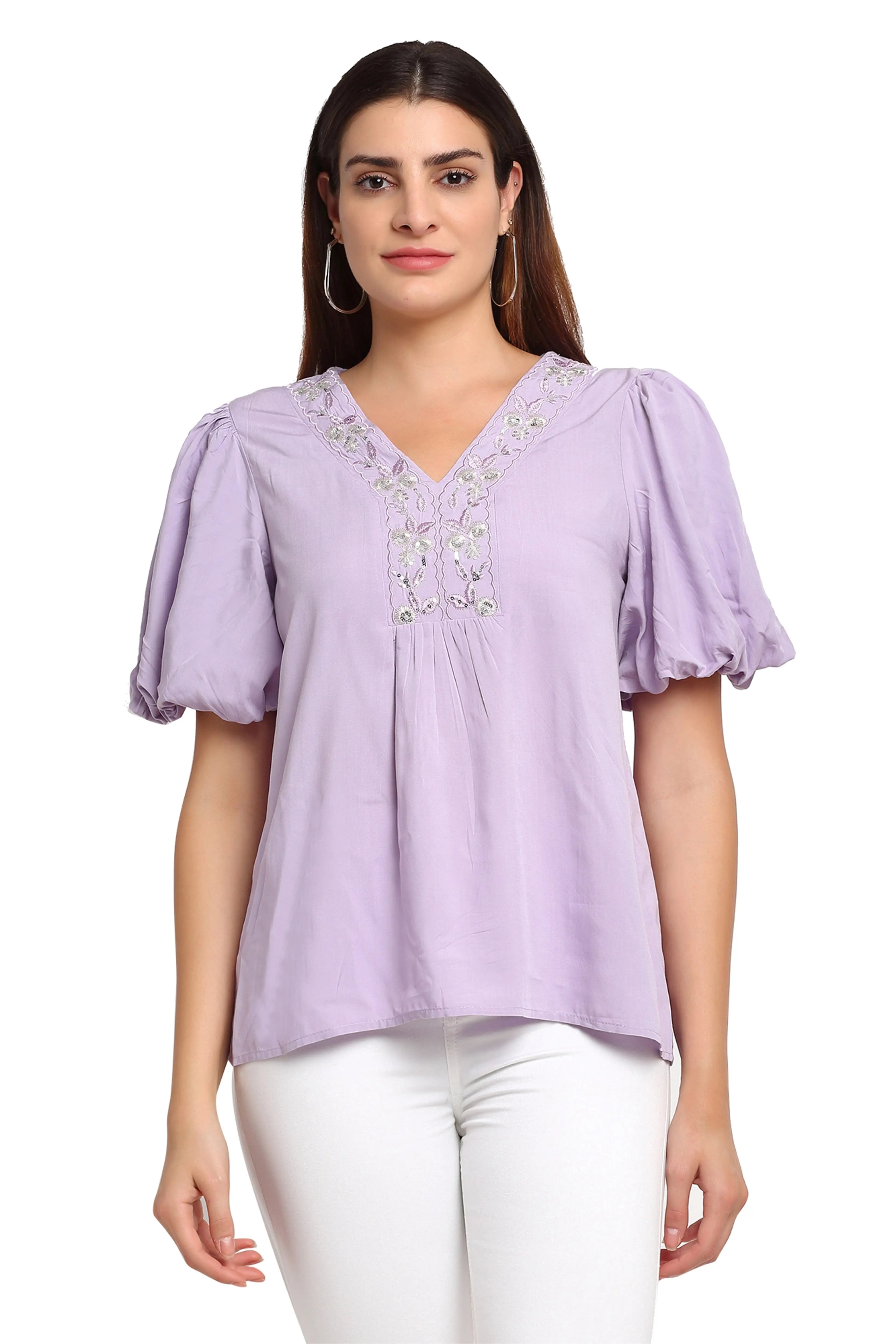 Purple Viscose Rayon Puffed Sleeves Top - Global Republic