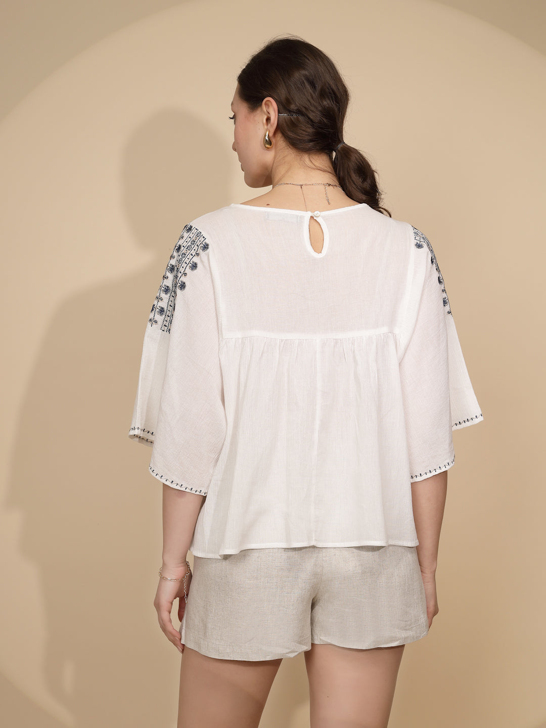 White Embroidered Cotton Loose Top - Global Republic