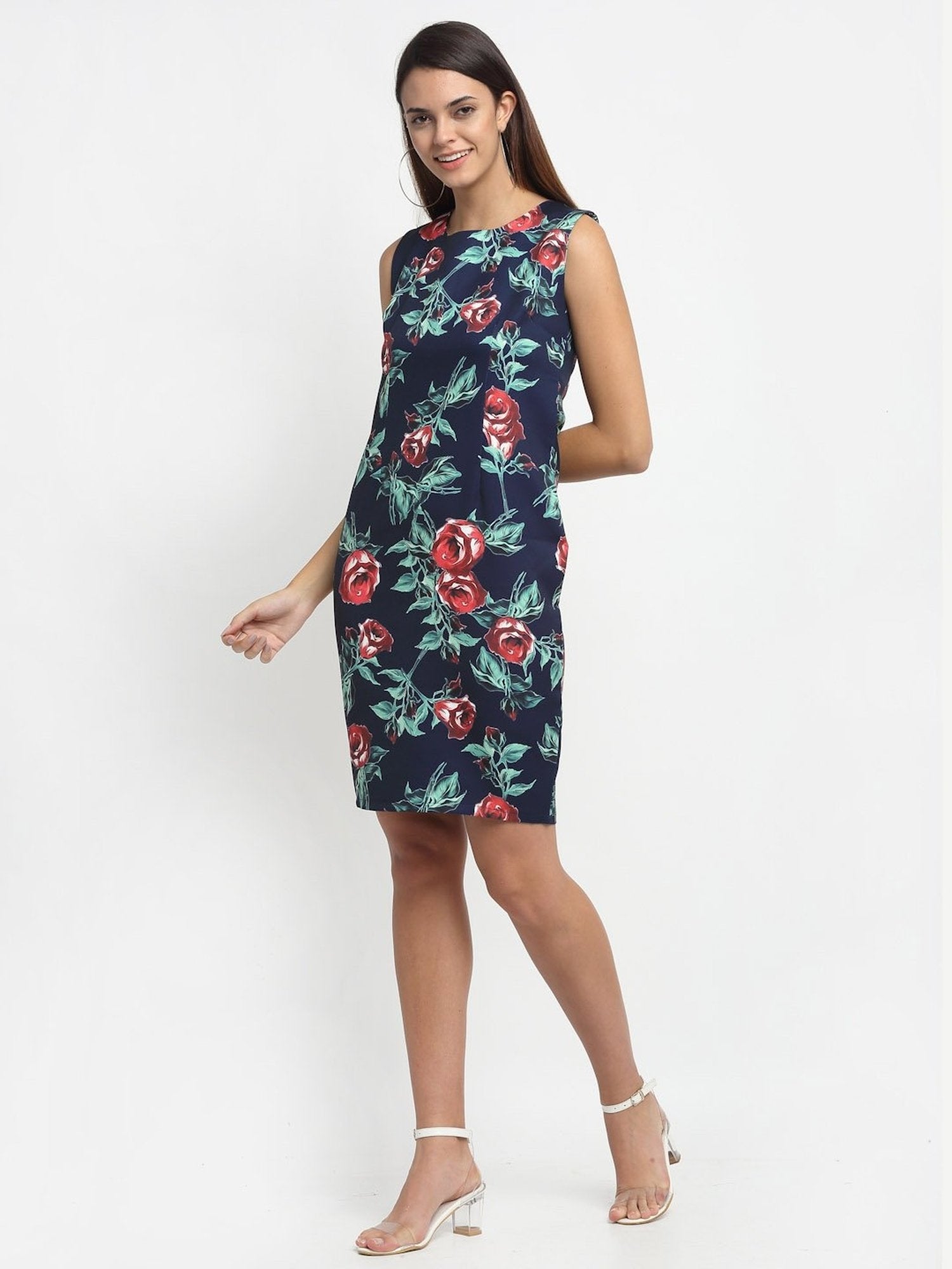 Blue Sheath Floral Printed Dress - Global Republic