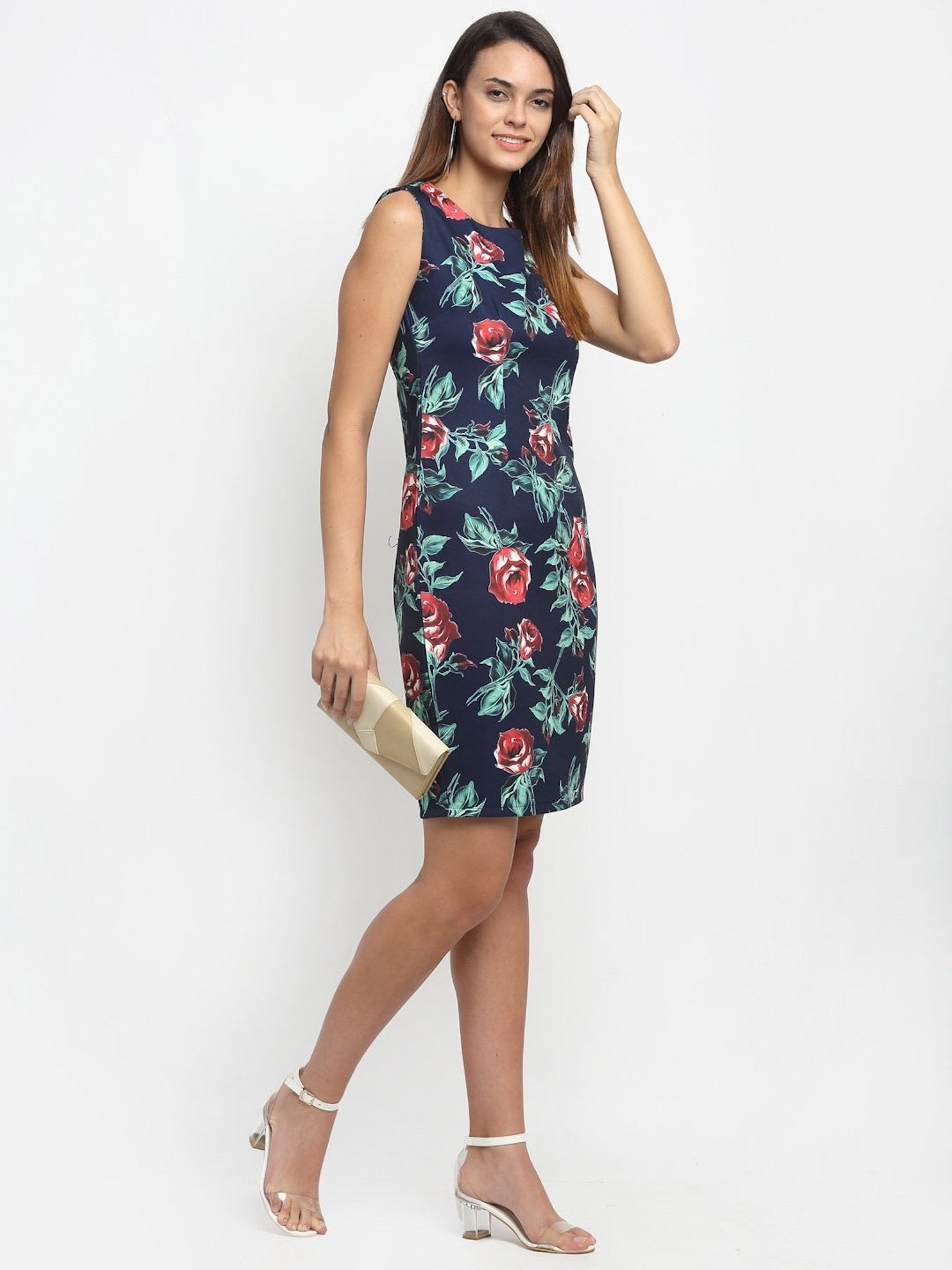 Blue Sheath Floral Printed Dress - Global Republic