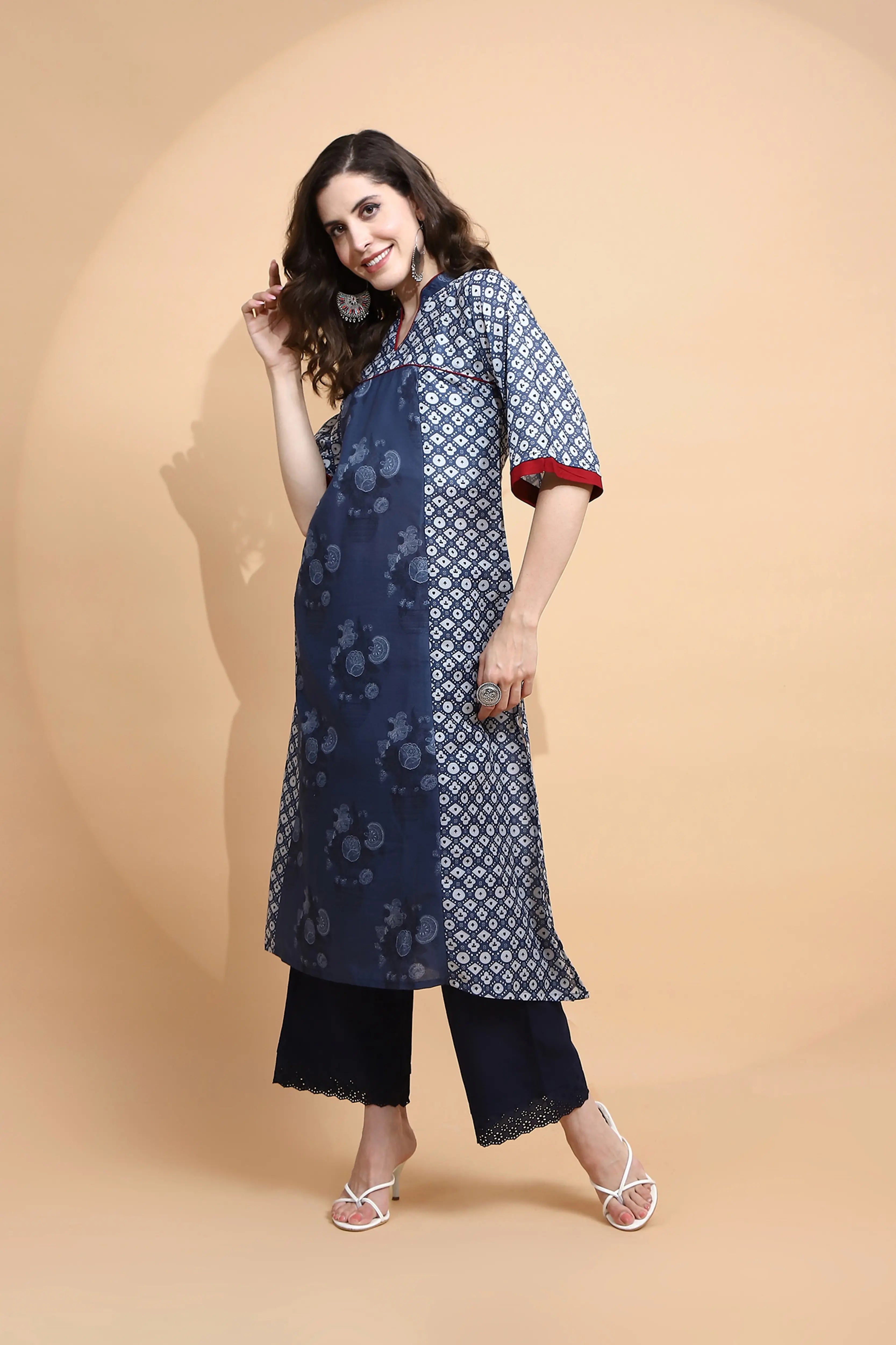 Blue Printed Cotton Blend Kurta - Global Republic