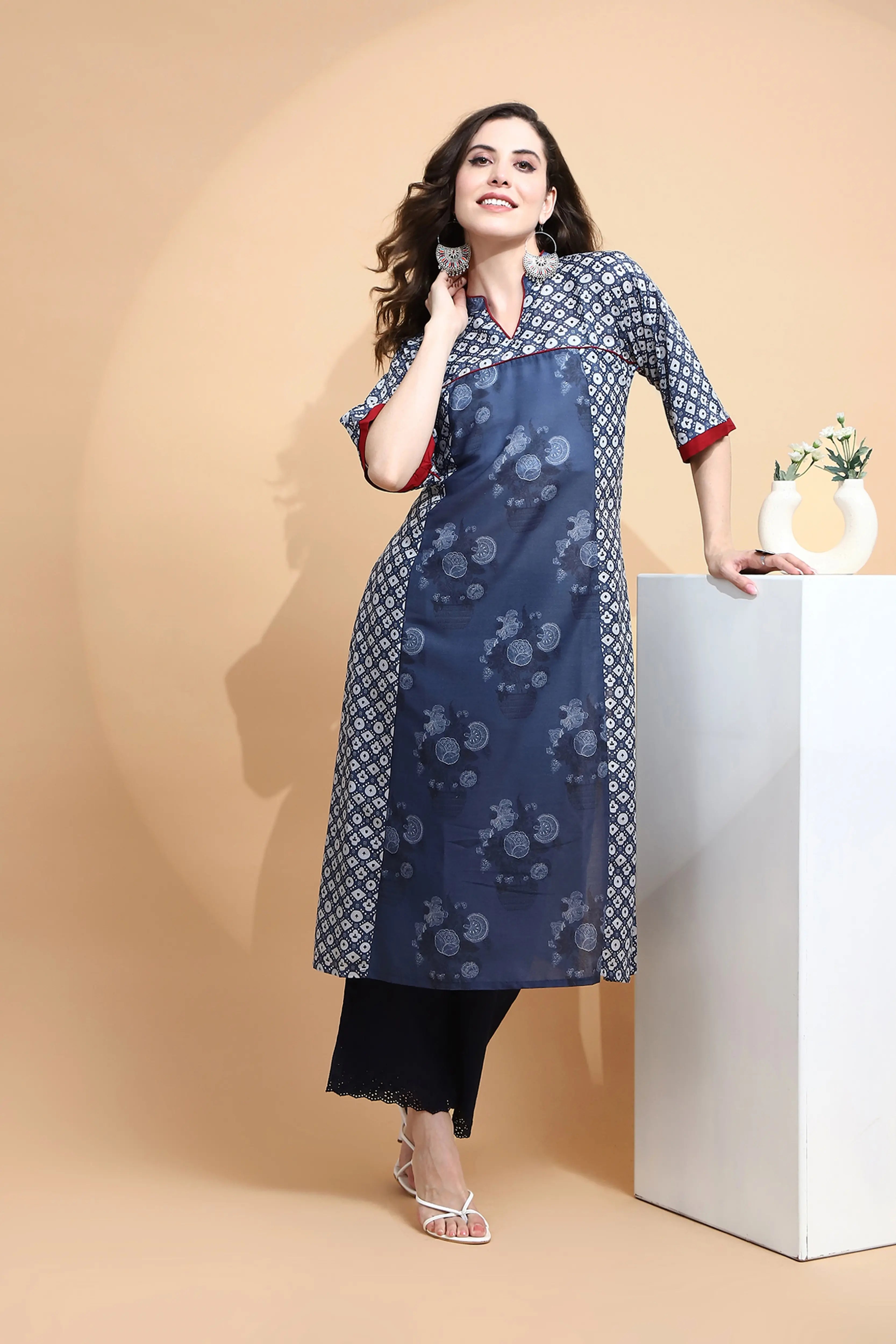 Blue Printed Cotton Blend Kurta