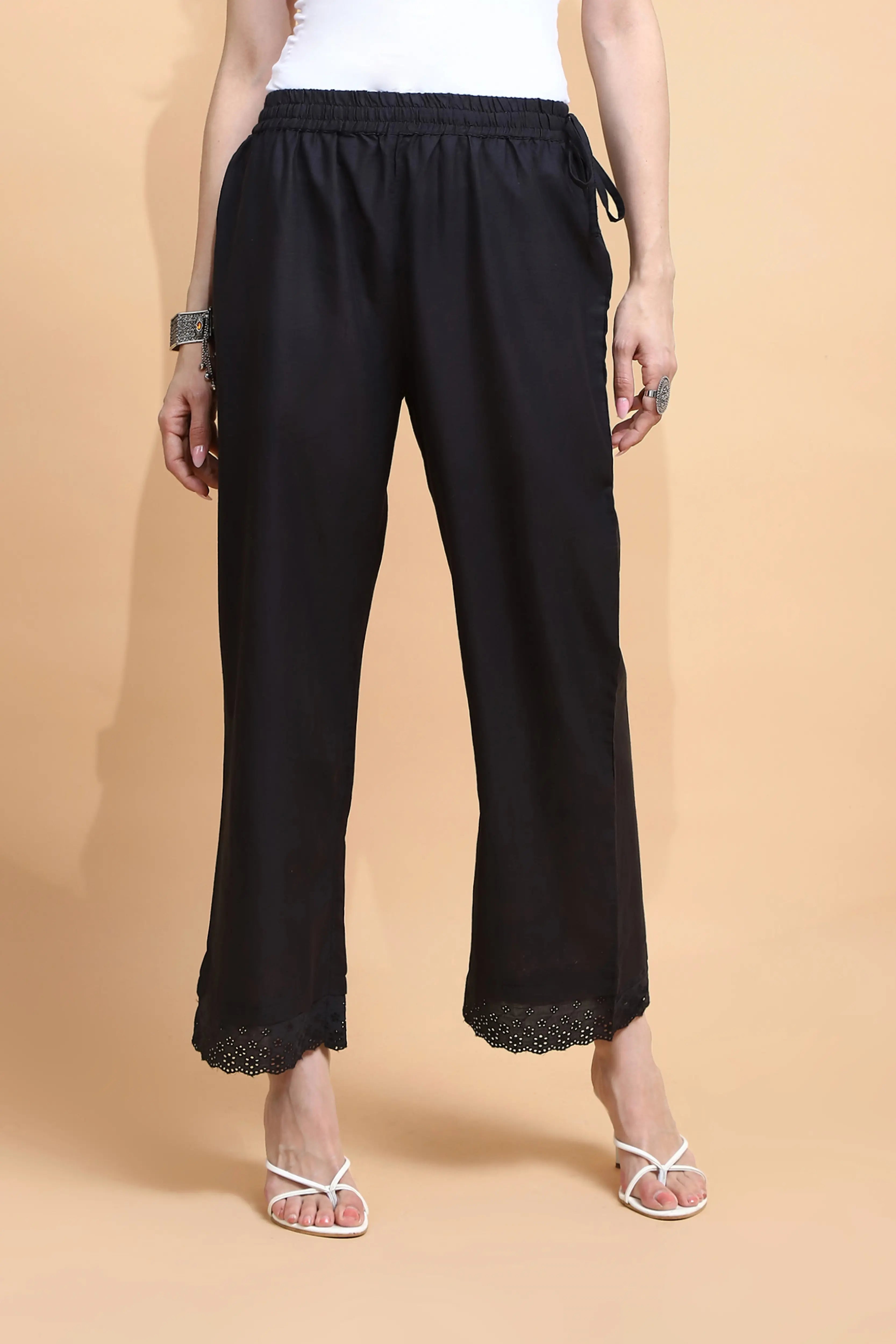 Black Cotton Loose Fit Palazzo - Global Republic