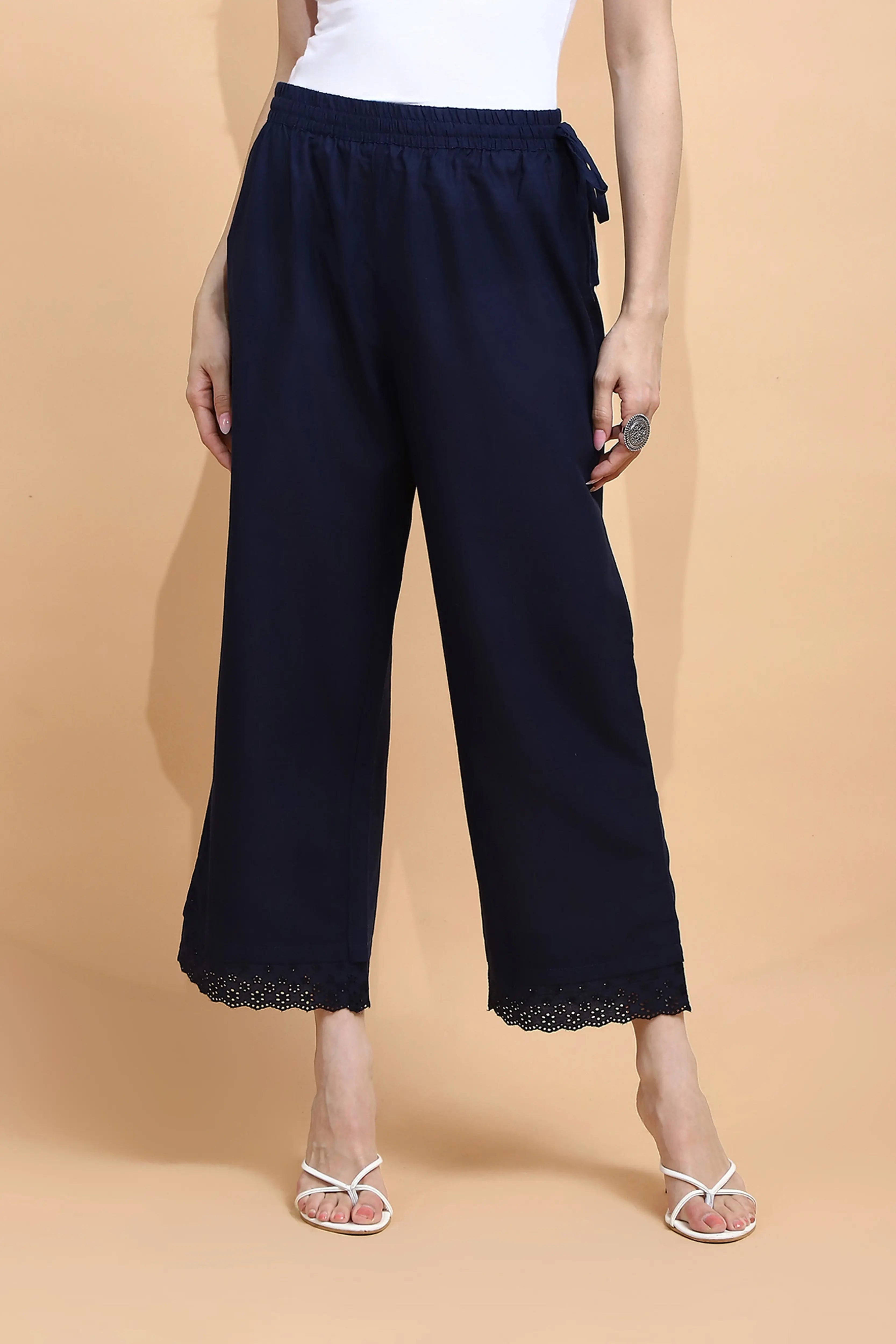 Navy Blue Cotton Loose Fit Palazzo - Global Republic
