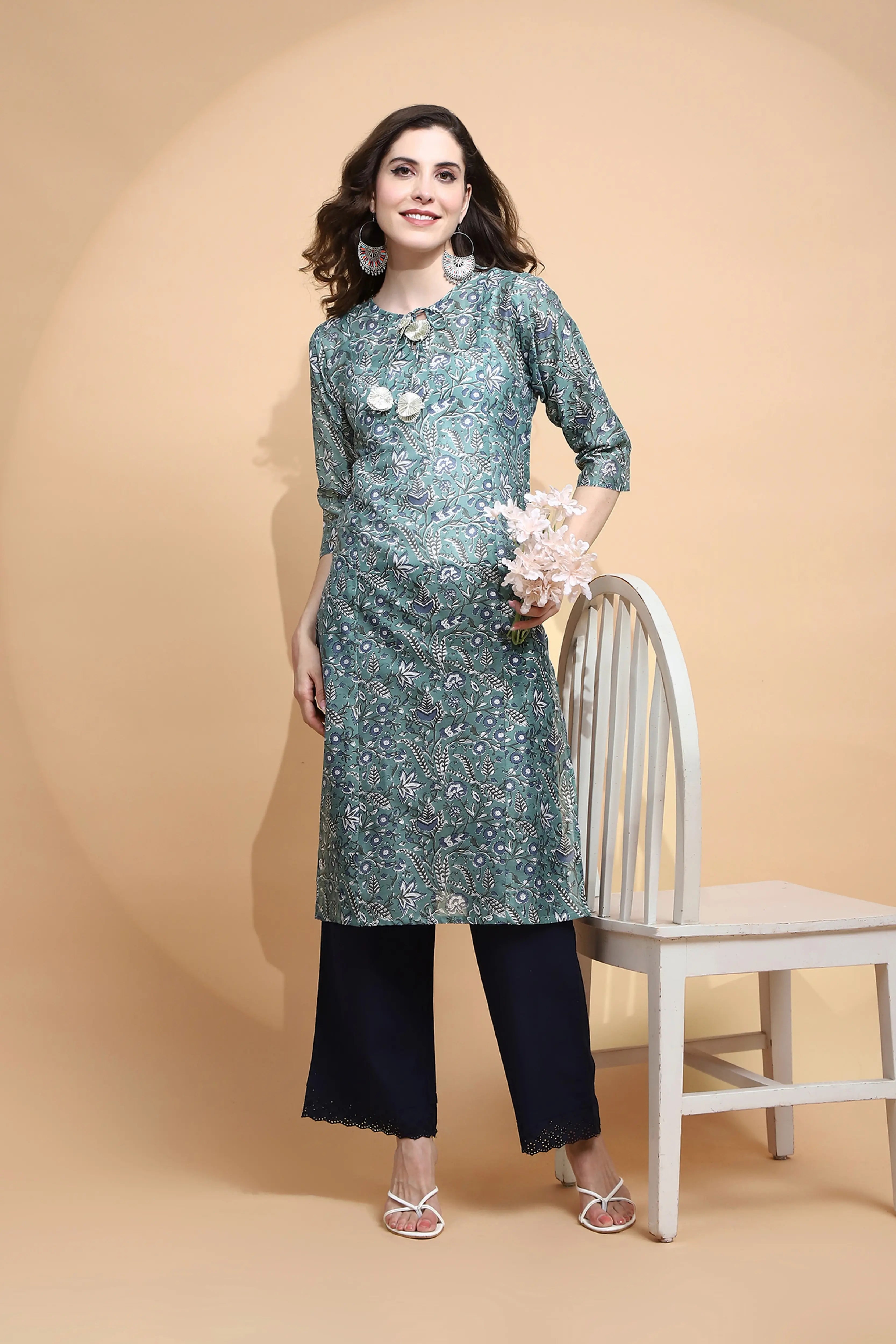 Navy Blue Cotton Loose Fit Palazzo - Global Republic