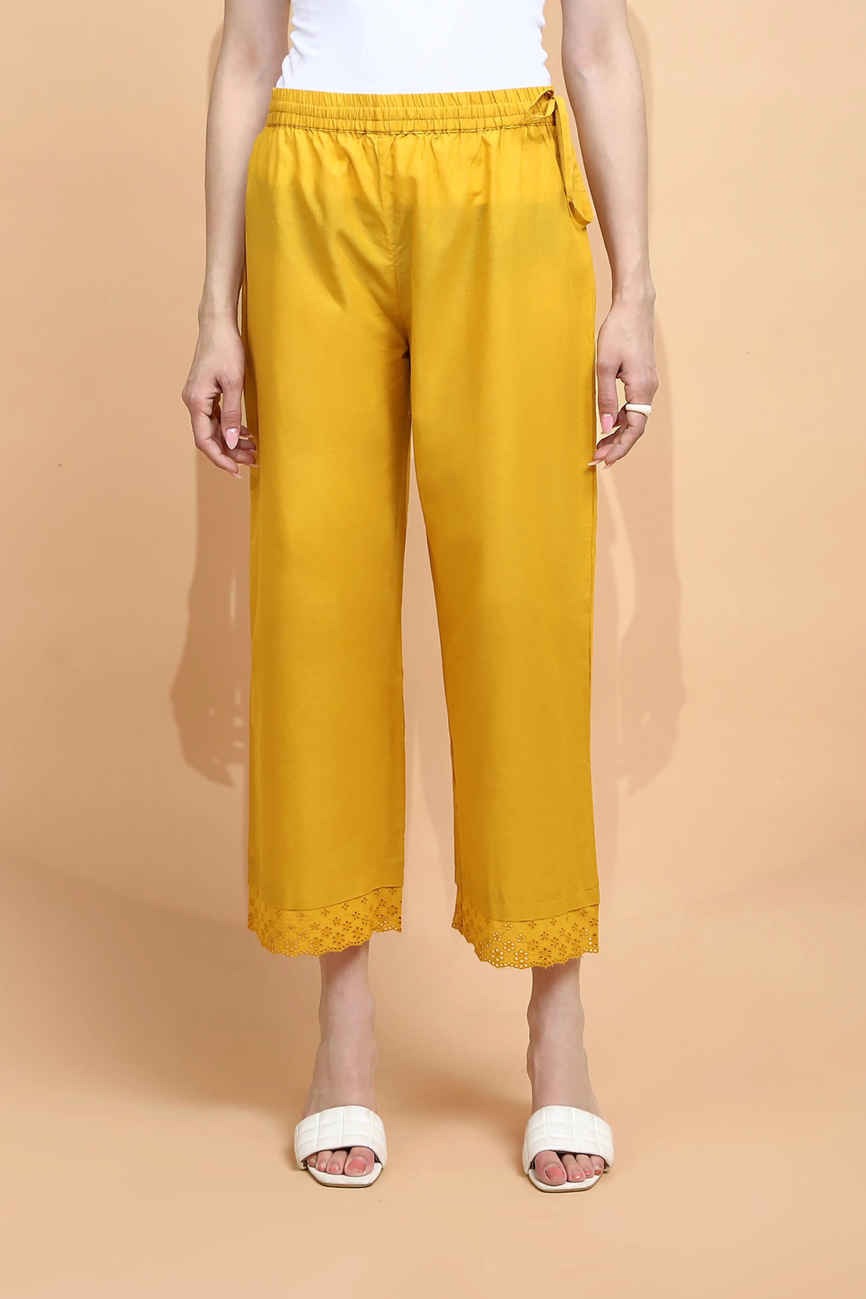 Mustard Cotton Loose Fit Palazzo - Global Republic