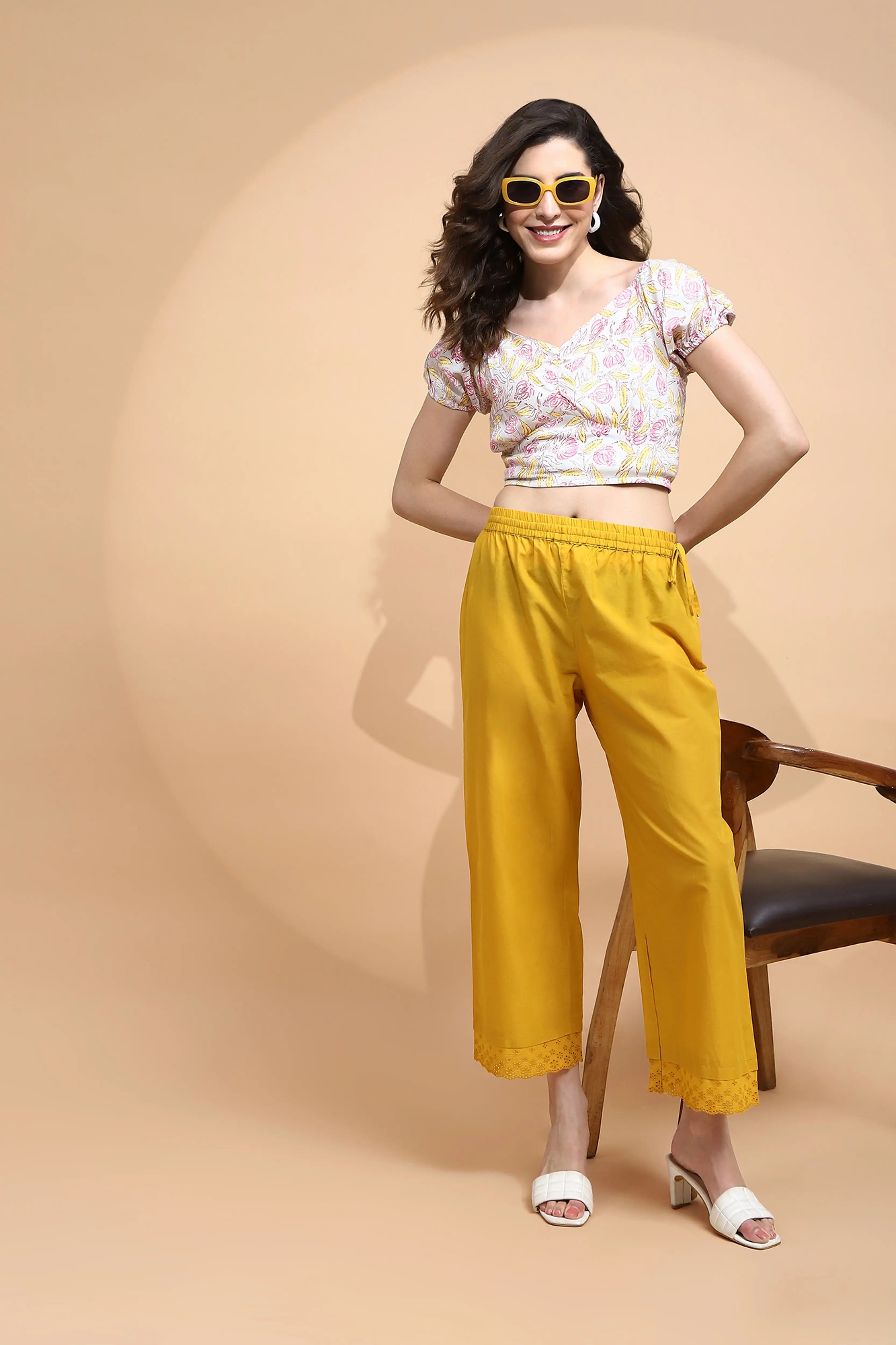 Mustard Cotton Loose Fit Palazzo - Global Republic