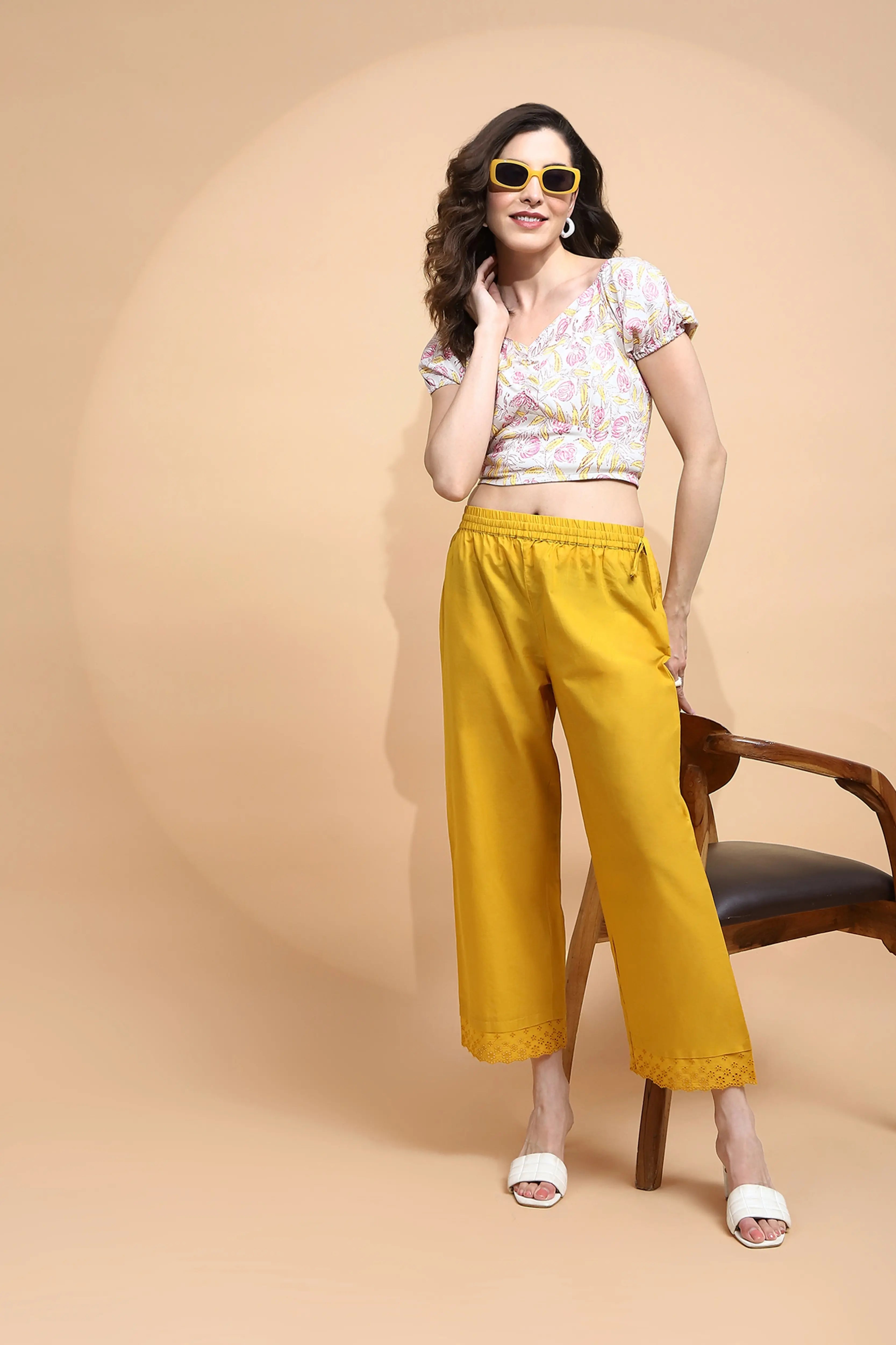 Mustard Cotton Loose Fit Palazzo - Global Republic