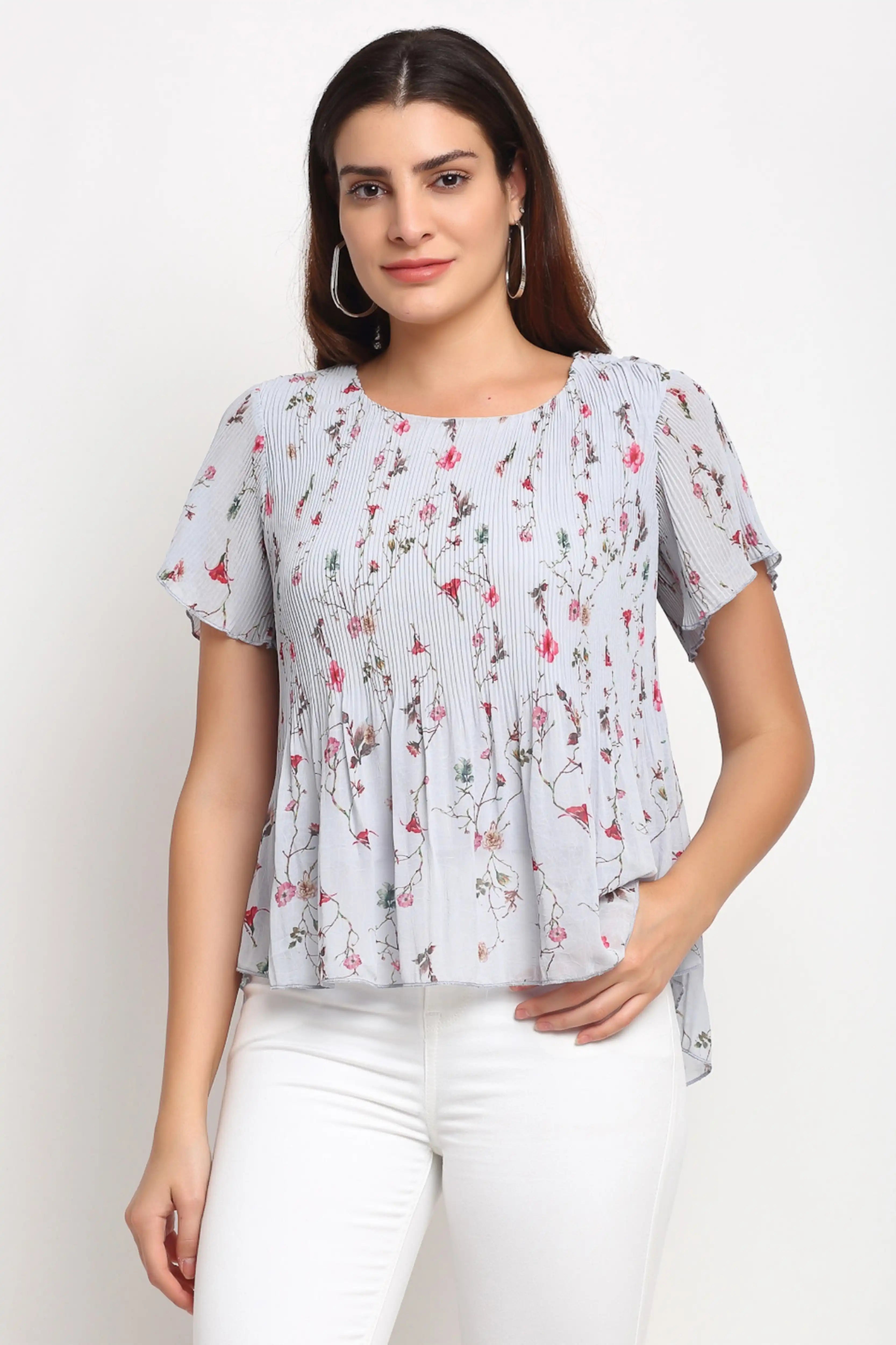 Grey Floral Cotton Blend Peplum Top