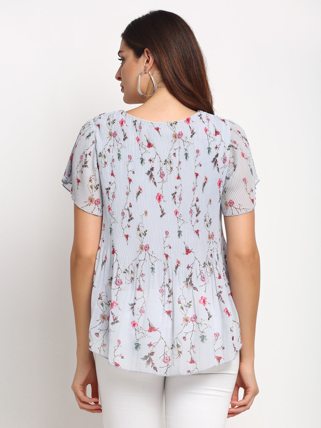 Grey Floral Cotton Blend Peplum Top - Global Republic