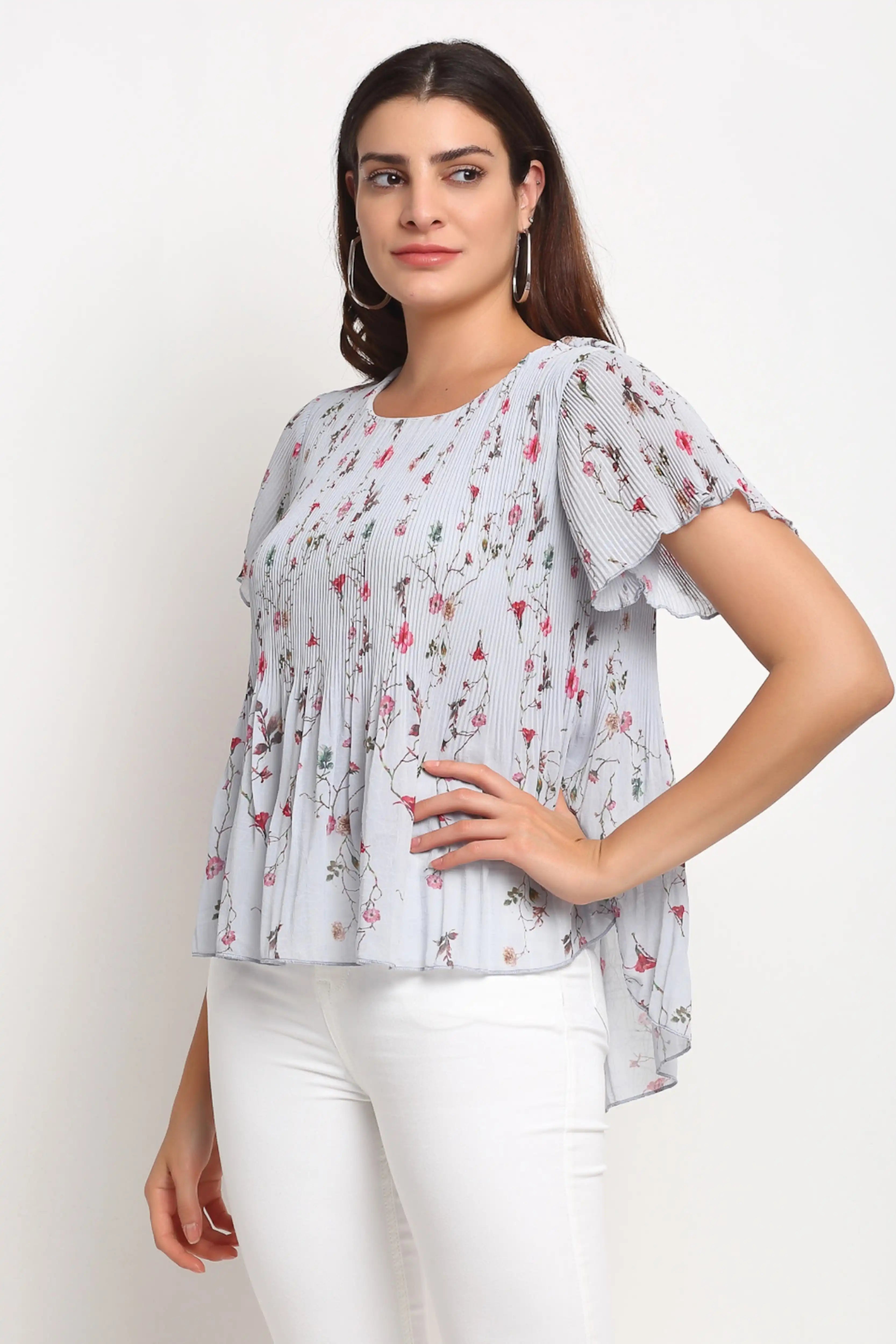 Grey Floral Cotton Blend Peplum Top