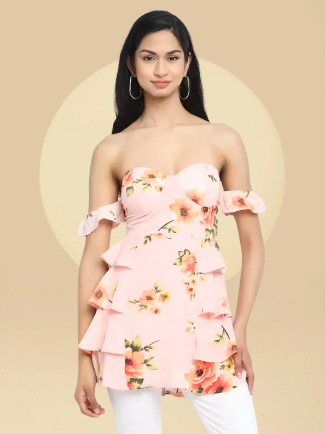 Pink Floral Off-Shoulder Long Top - Global Republic