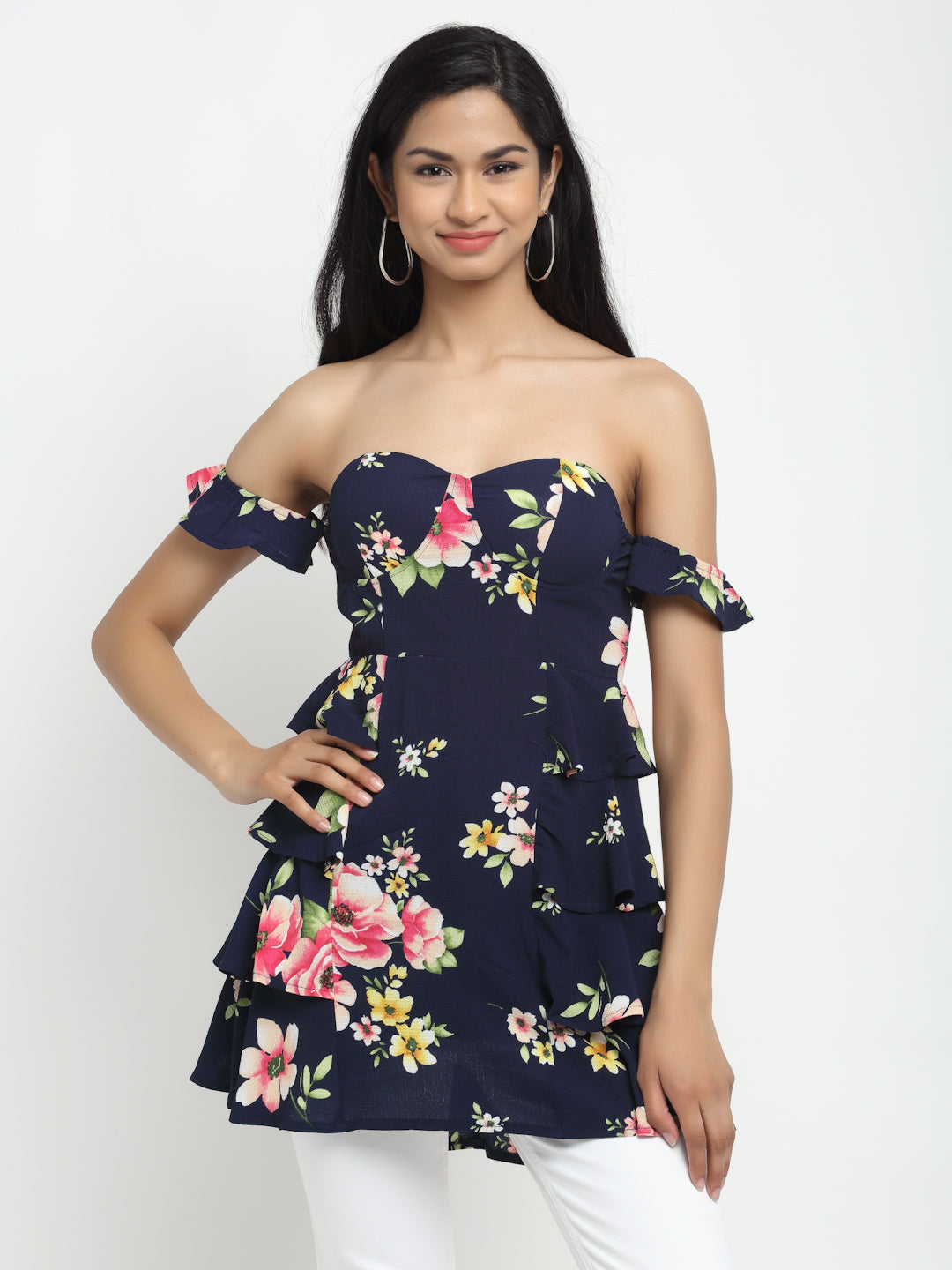 Pink Floral Off-Shoulder Long Top - Global Republic