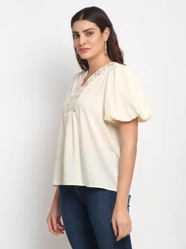 Beige V- Neck Regular Blouson Top - Global Republic