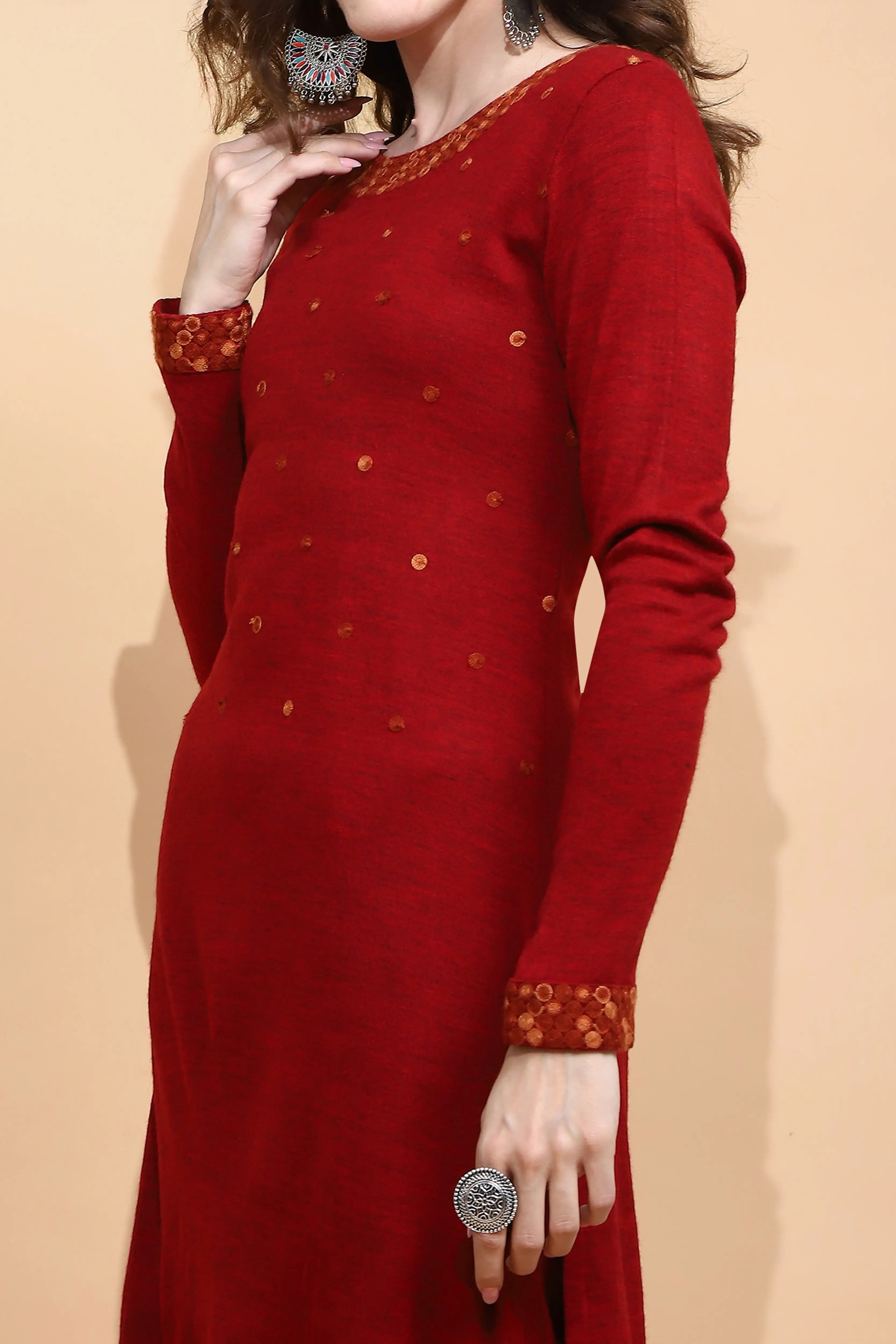 Maroon Knitted Regular Fit Kurta Set For Women - Global Republic