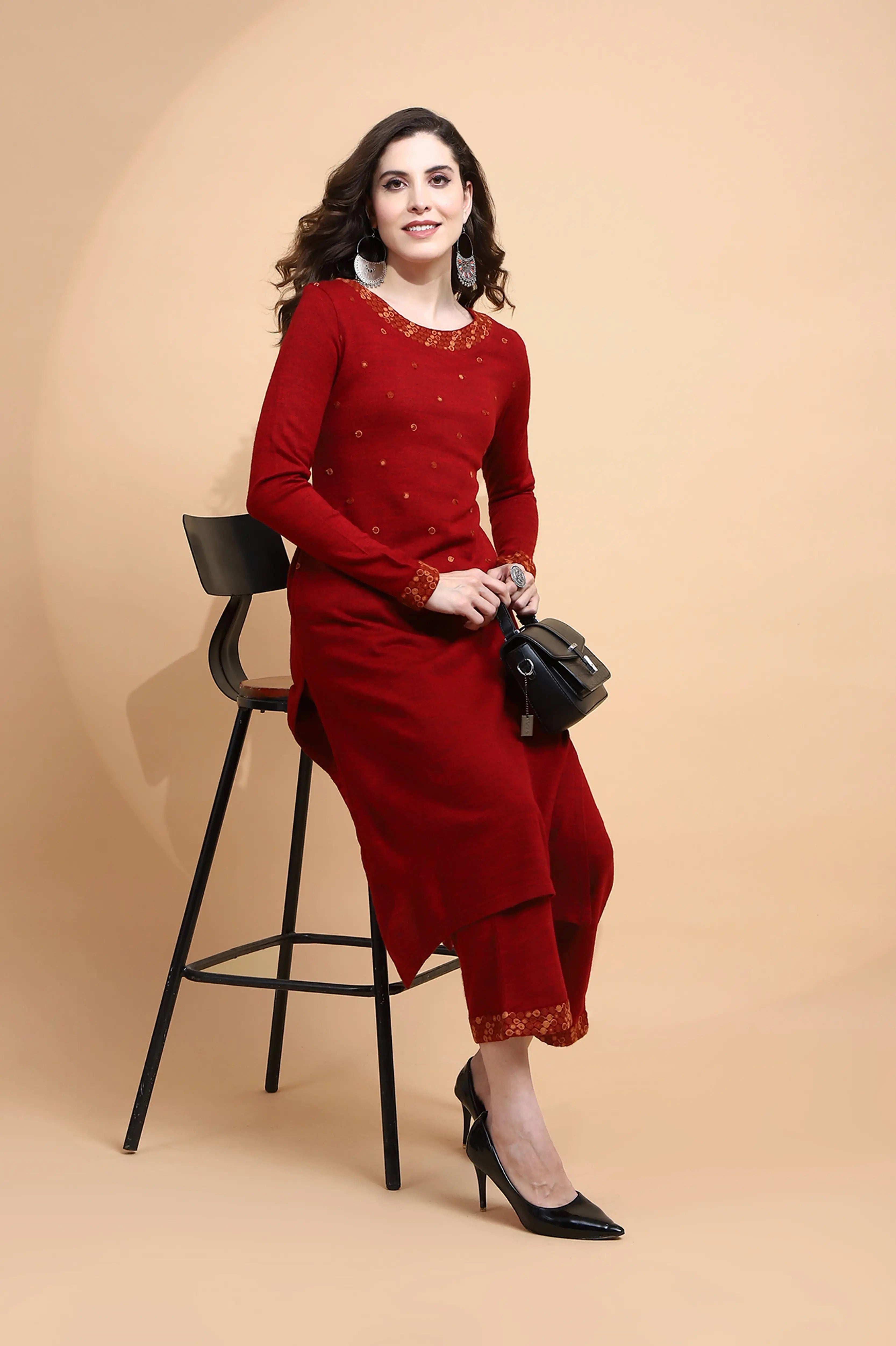 Maroon Knitted Regular Fit Kurta Set