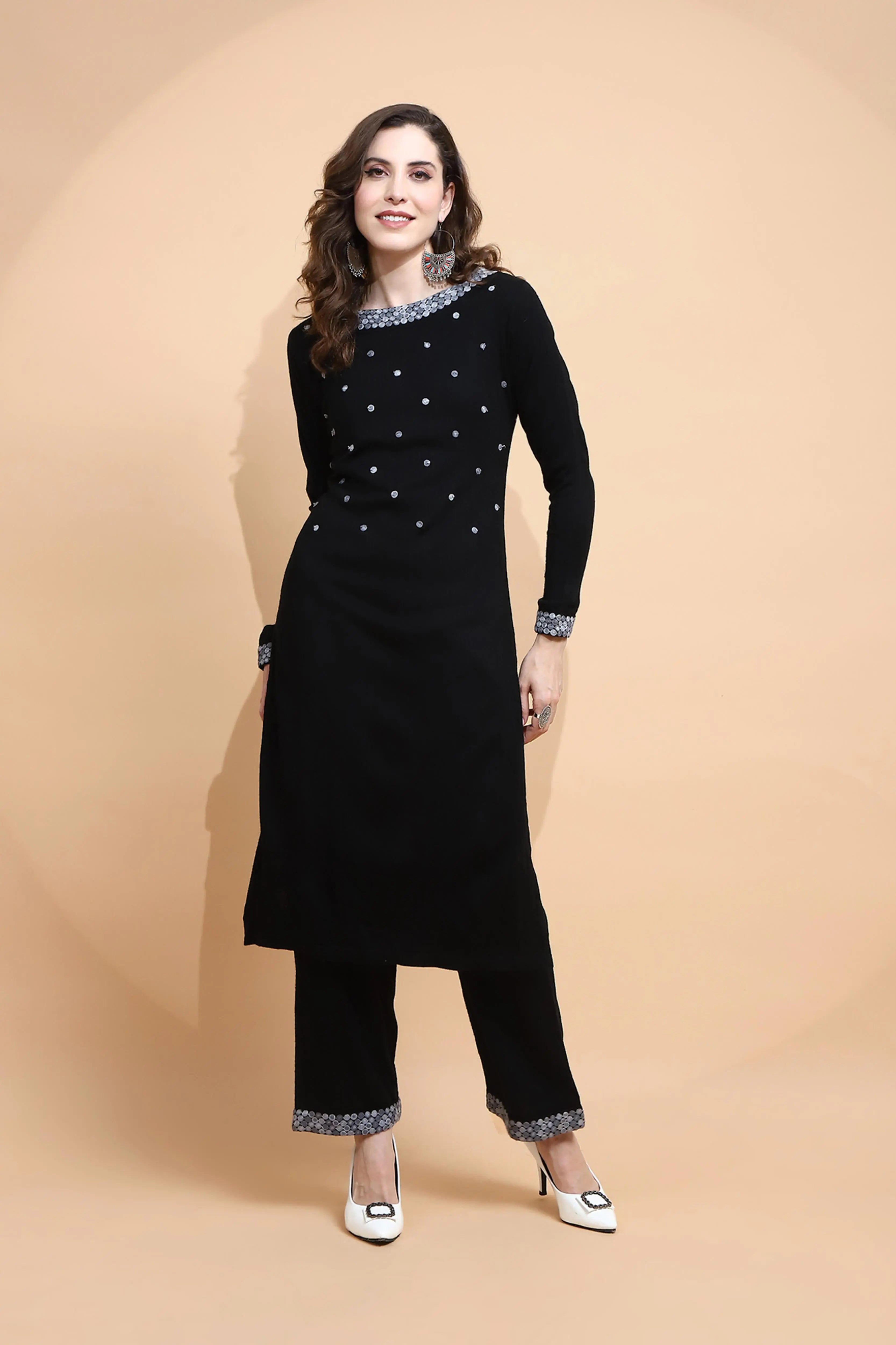 Black Knitted Regular Fit Kurta Set For Women - Global Republic
