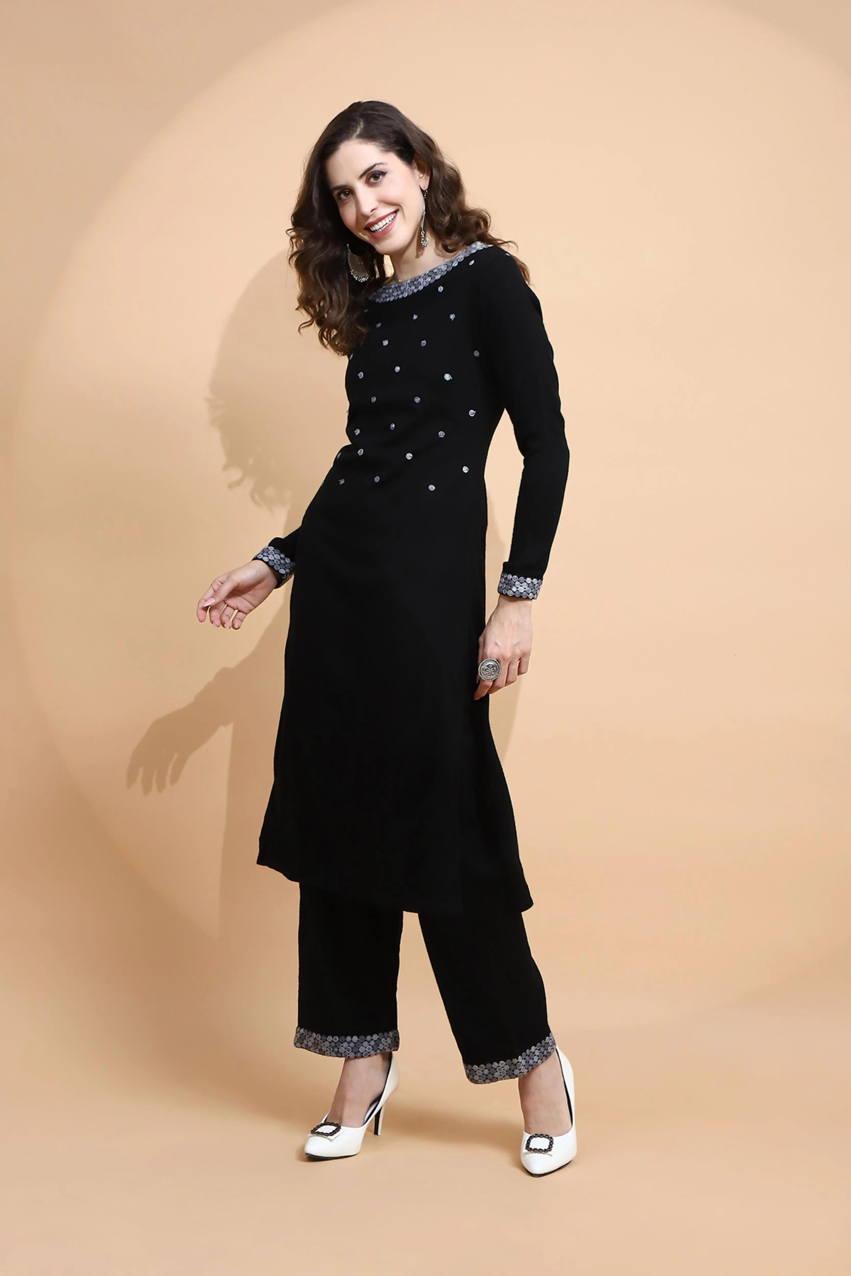 Black Knitted Regular Fit Kurta Set For Women - Global Republic