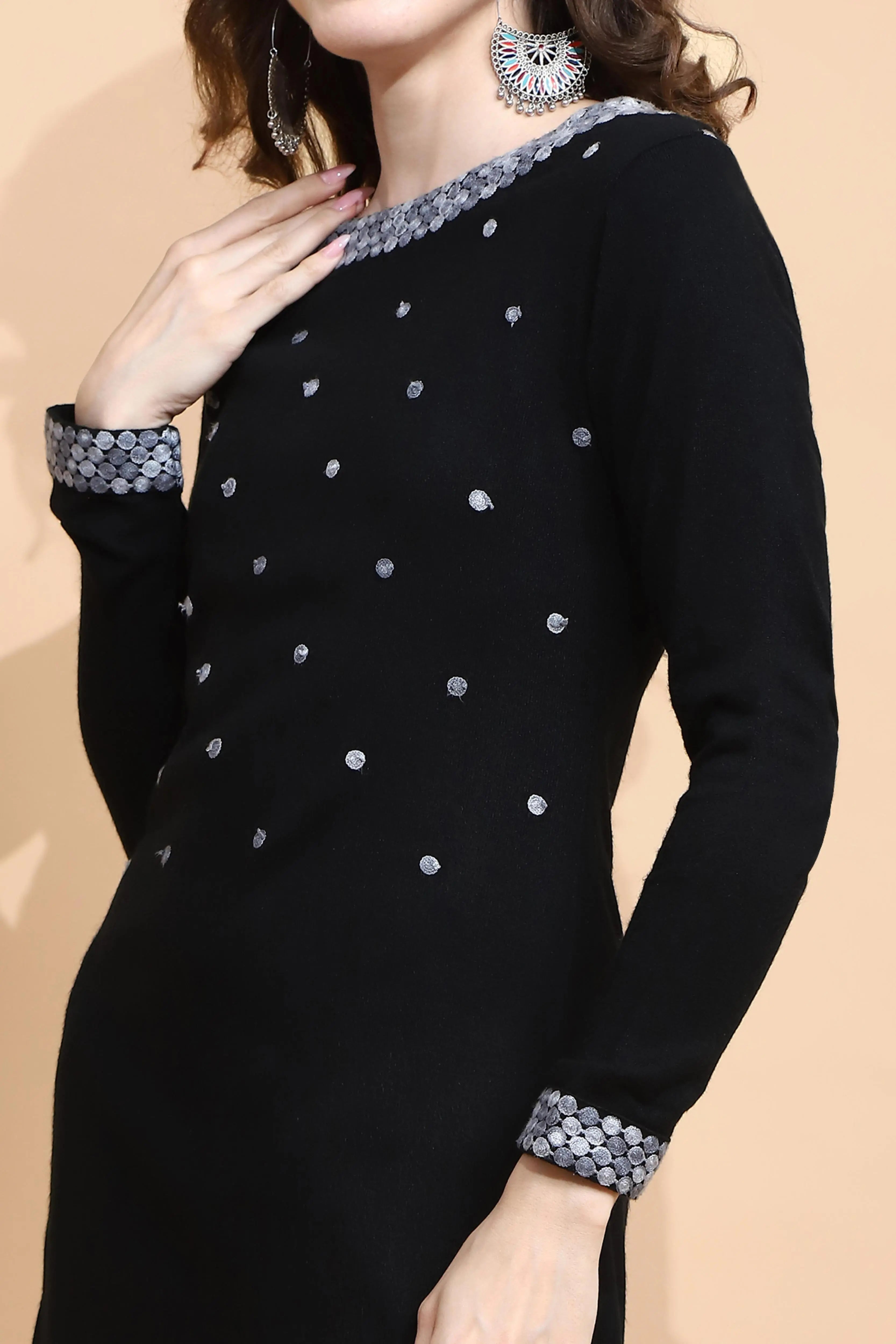 Black Knitted Regular Fit Kurta Set For Women - Global Republic