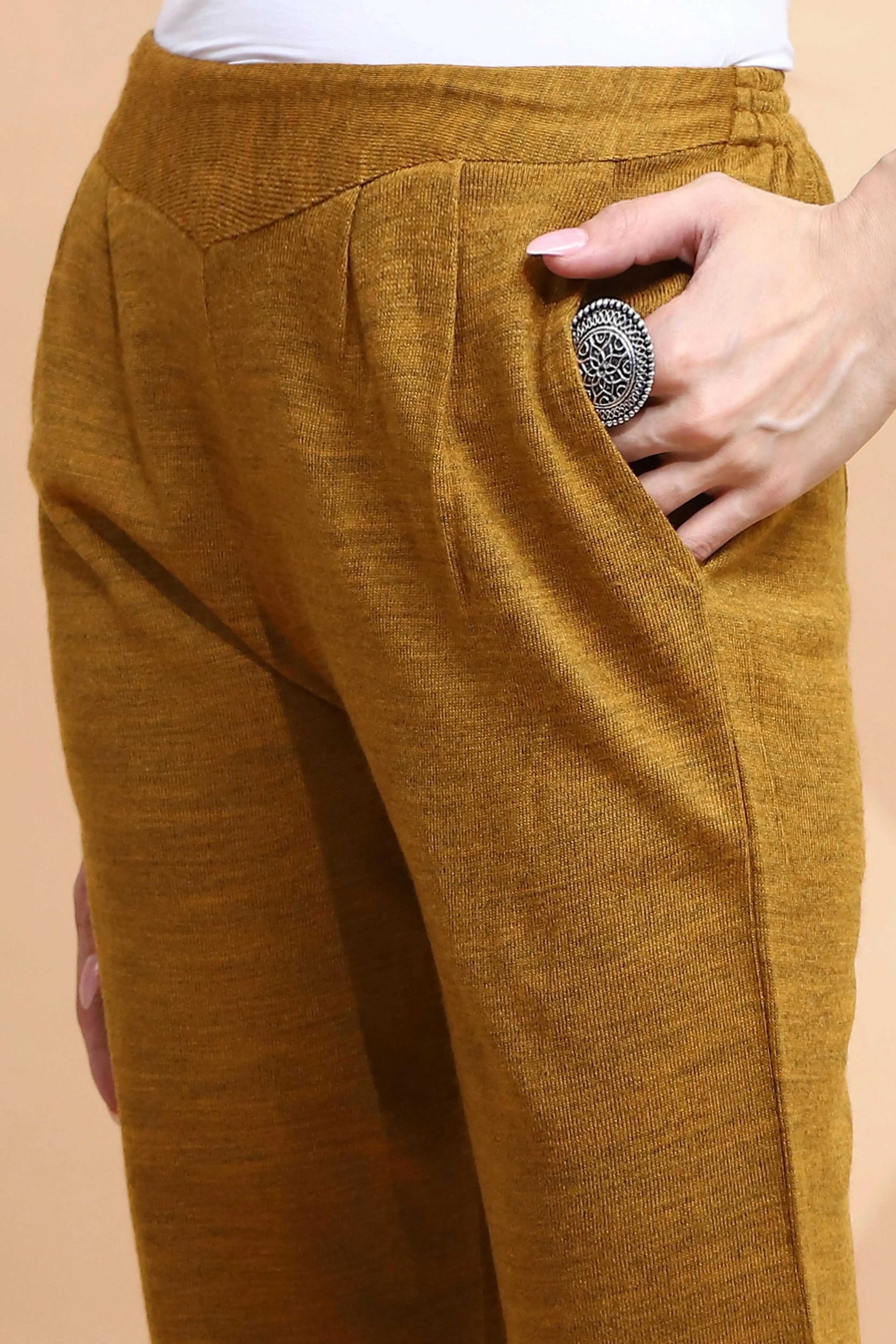 Mustard Knitted Regular Fit Kurta Set For Women - Global Republic