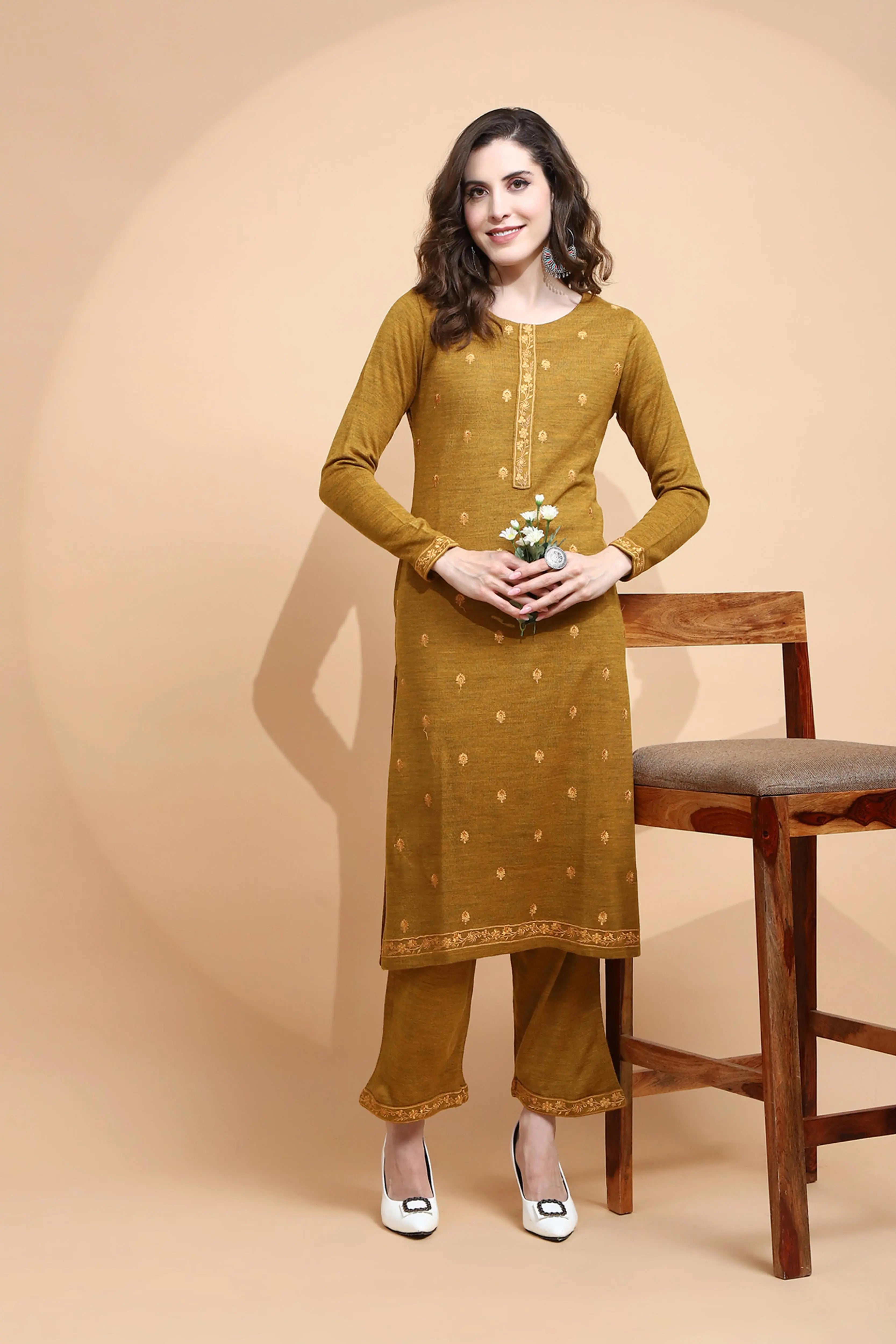 Mustard Knitted Regular Fit Kurta Set For Women - Global Republic