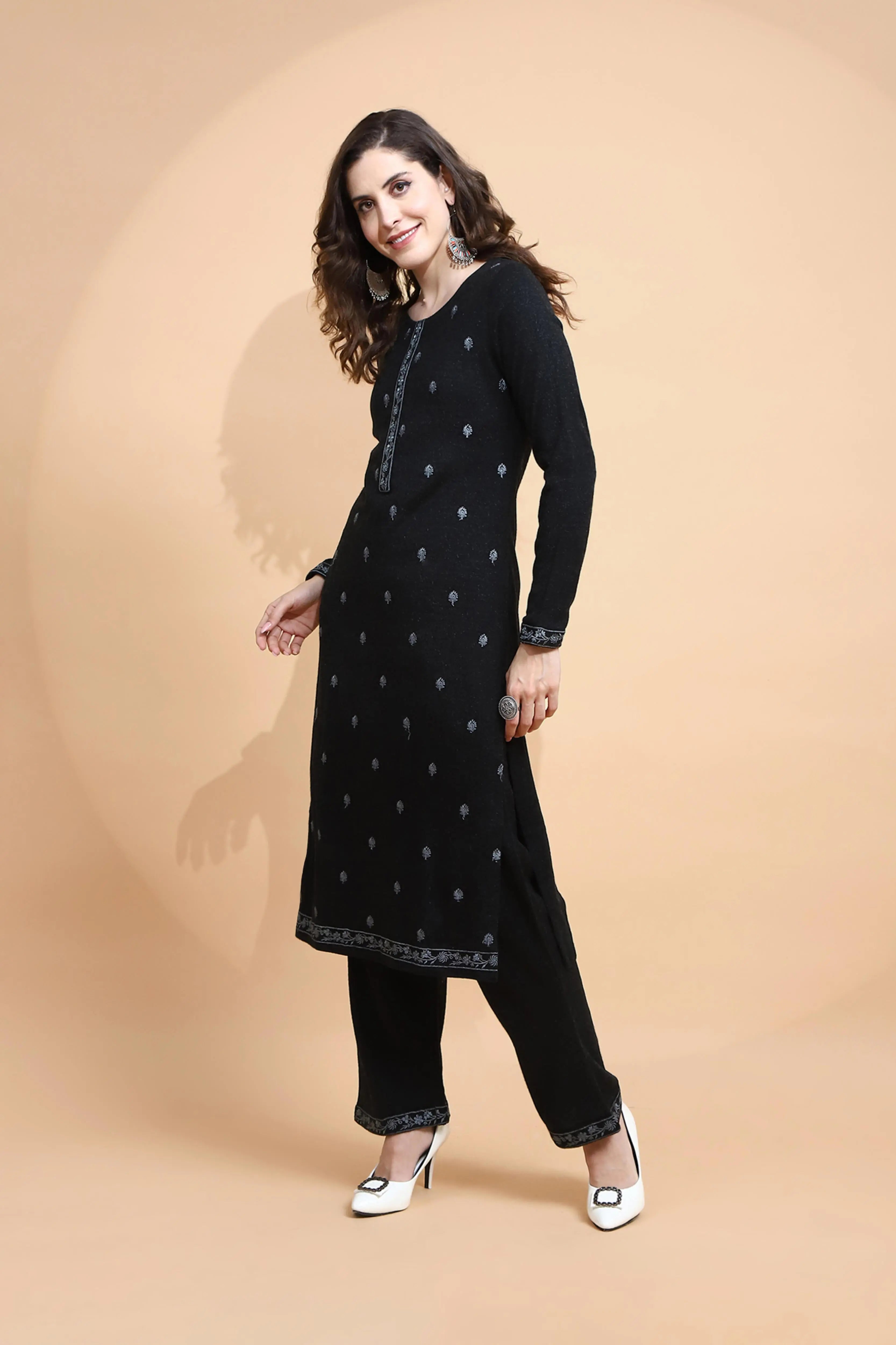 Black Embroidered Wool Blend Kurta Set - Global Republic