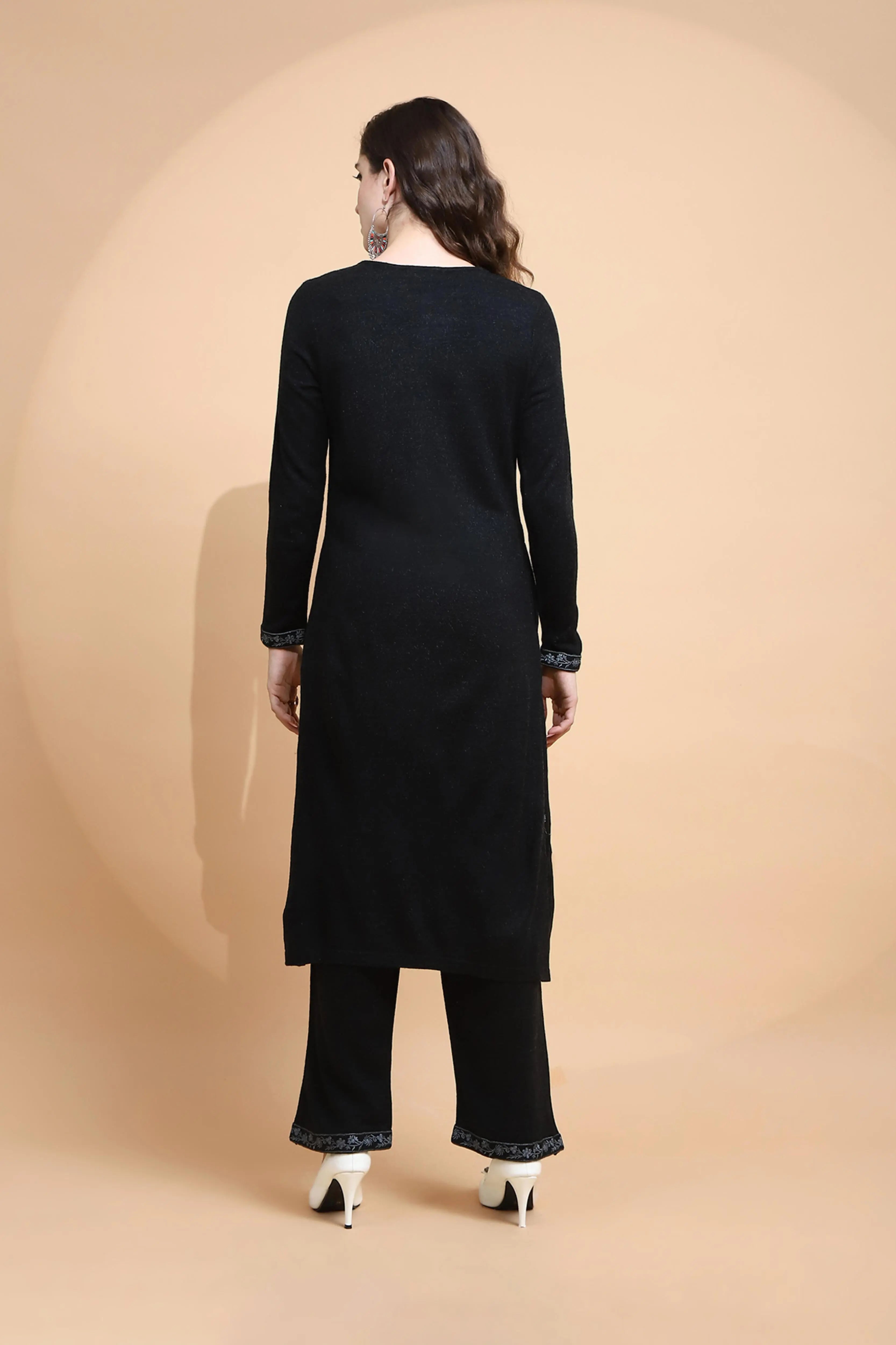 Black Embroidered Wool Blend Kurta Set - Global Republic