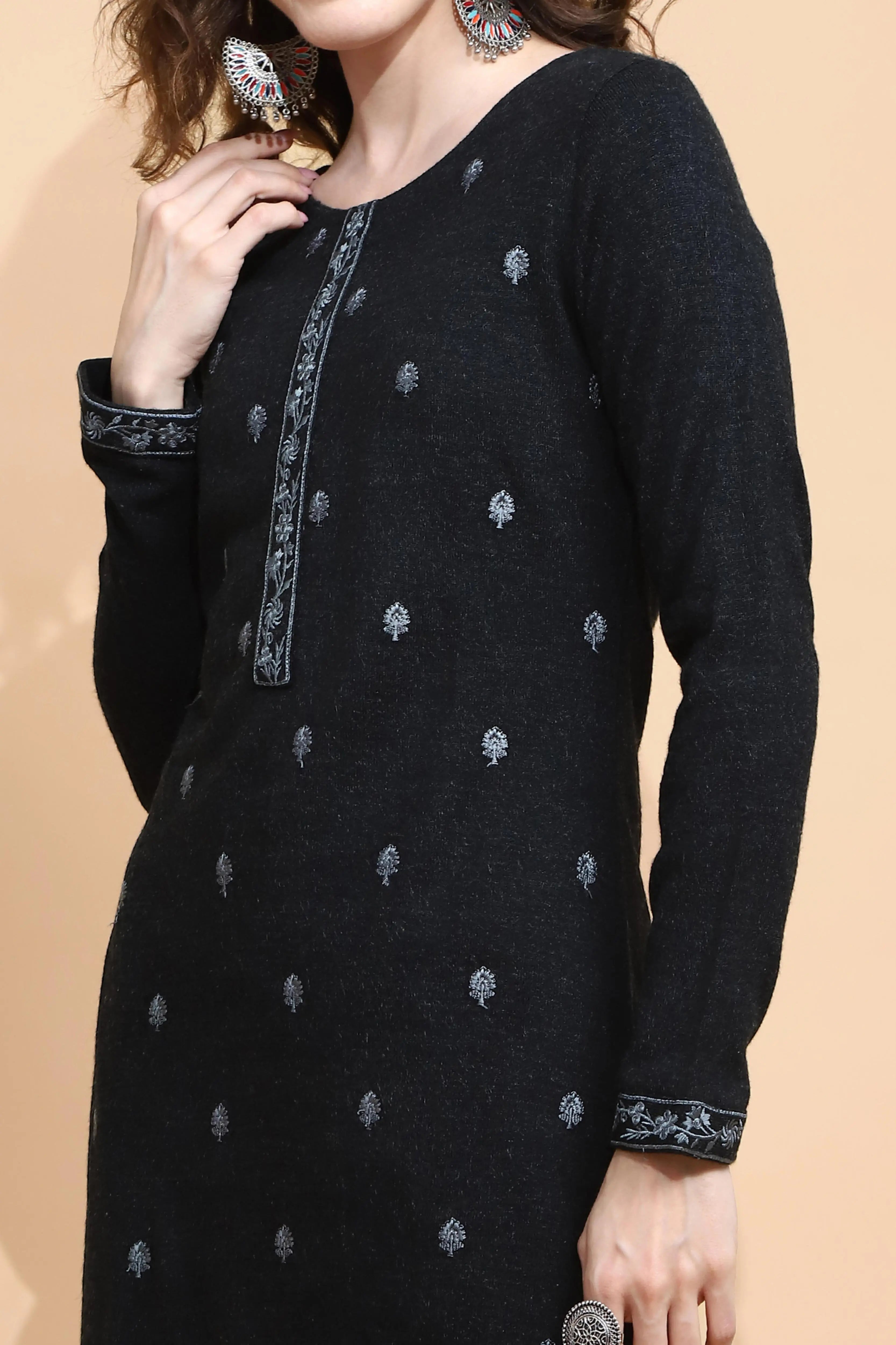 Black Embroidered Wool Blend Kurta Set - Global Republic