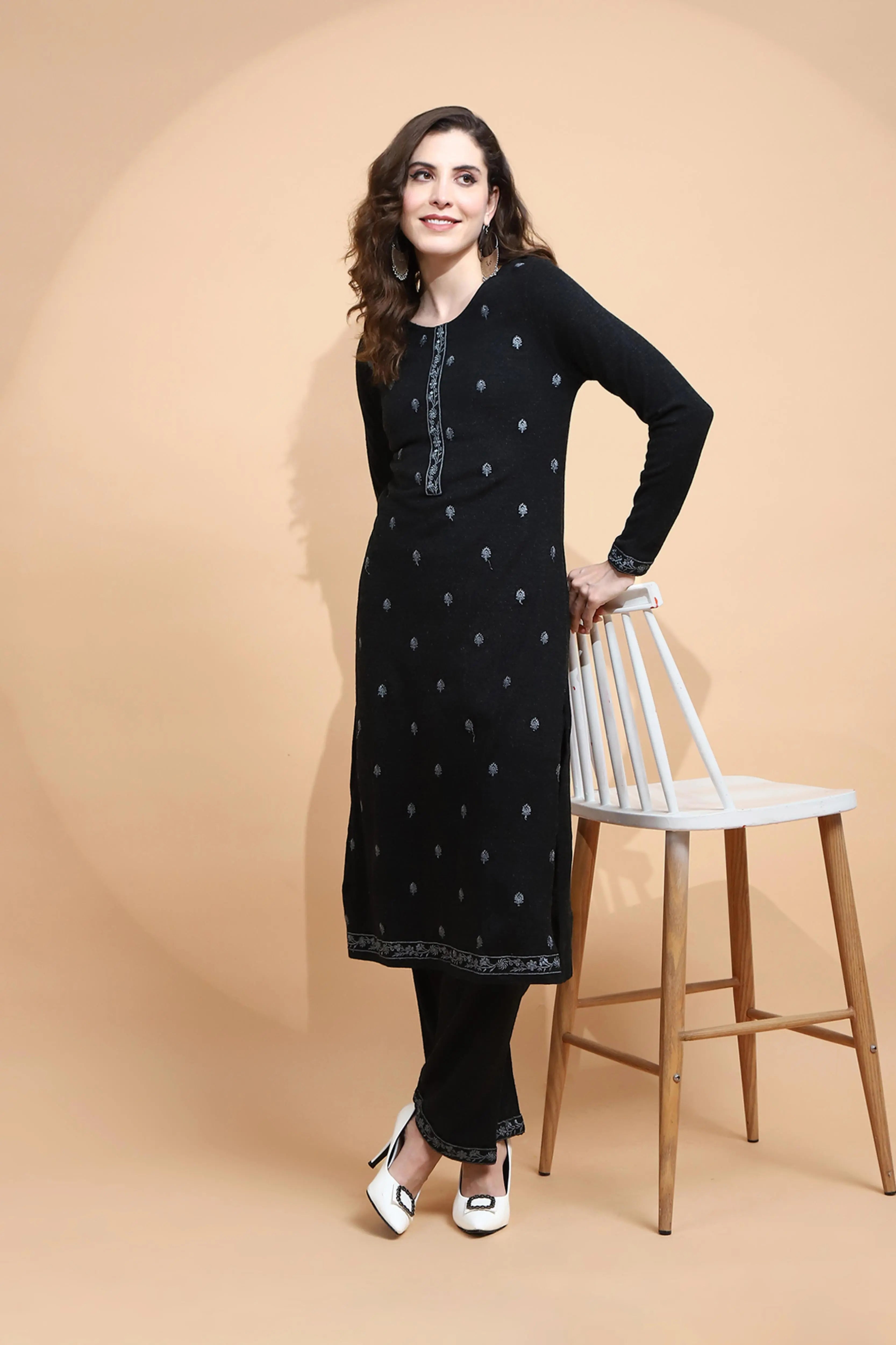 Black Embroidered Wool Blend Kurta Set - Global Republic