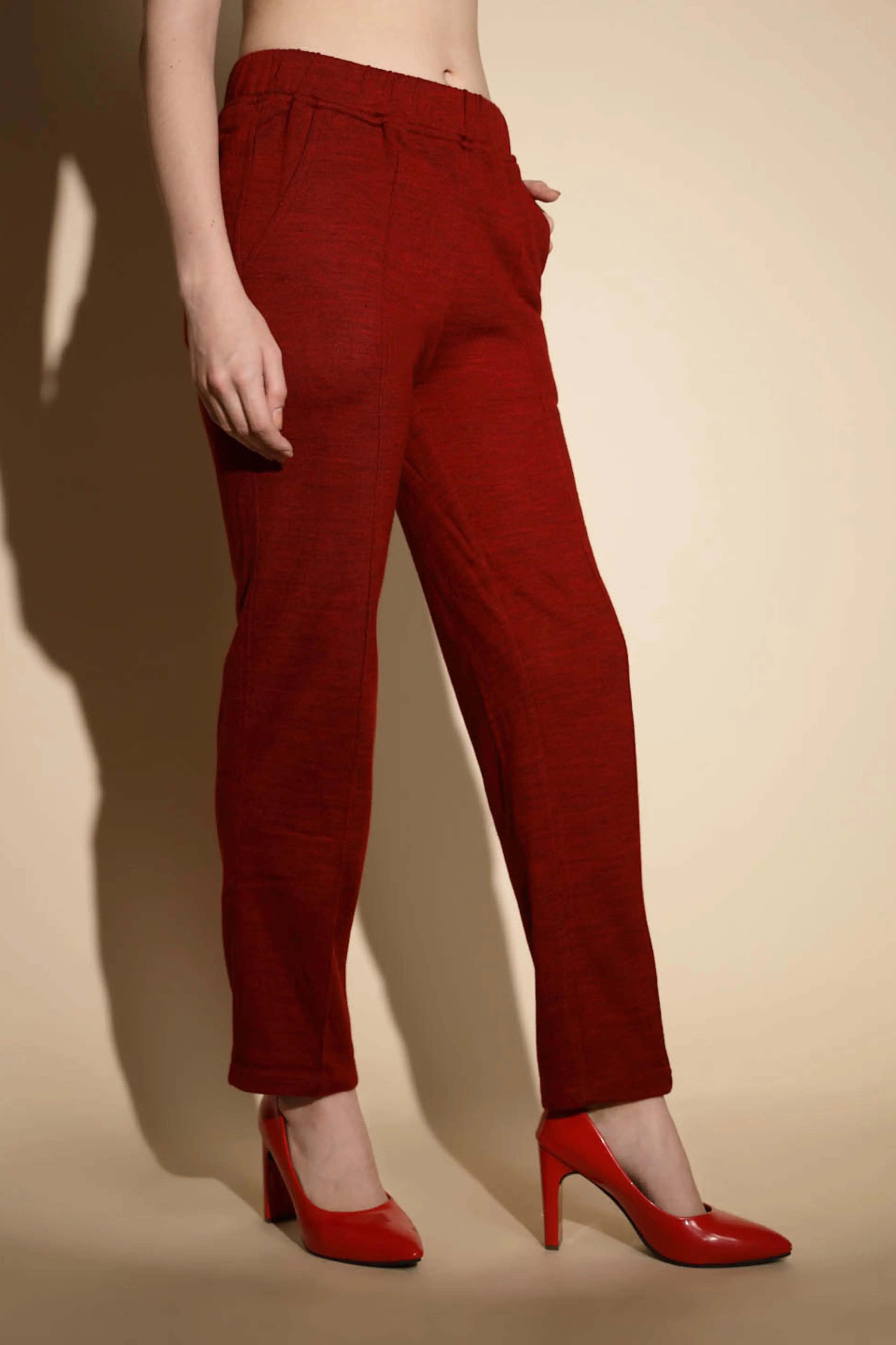 Maroon Solid Straight Cut Low Rise Pants - Global Republic