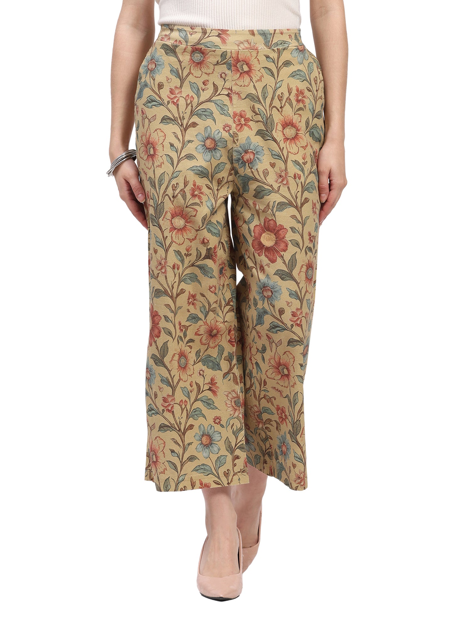 Beige Floral Print Cotton Lower