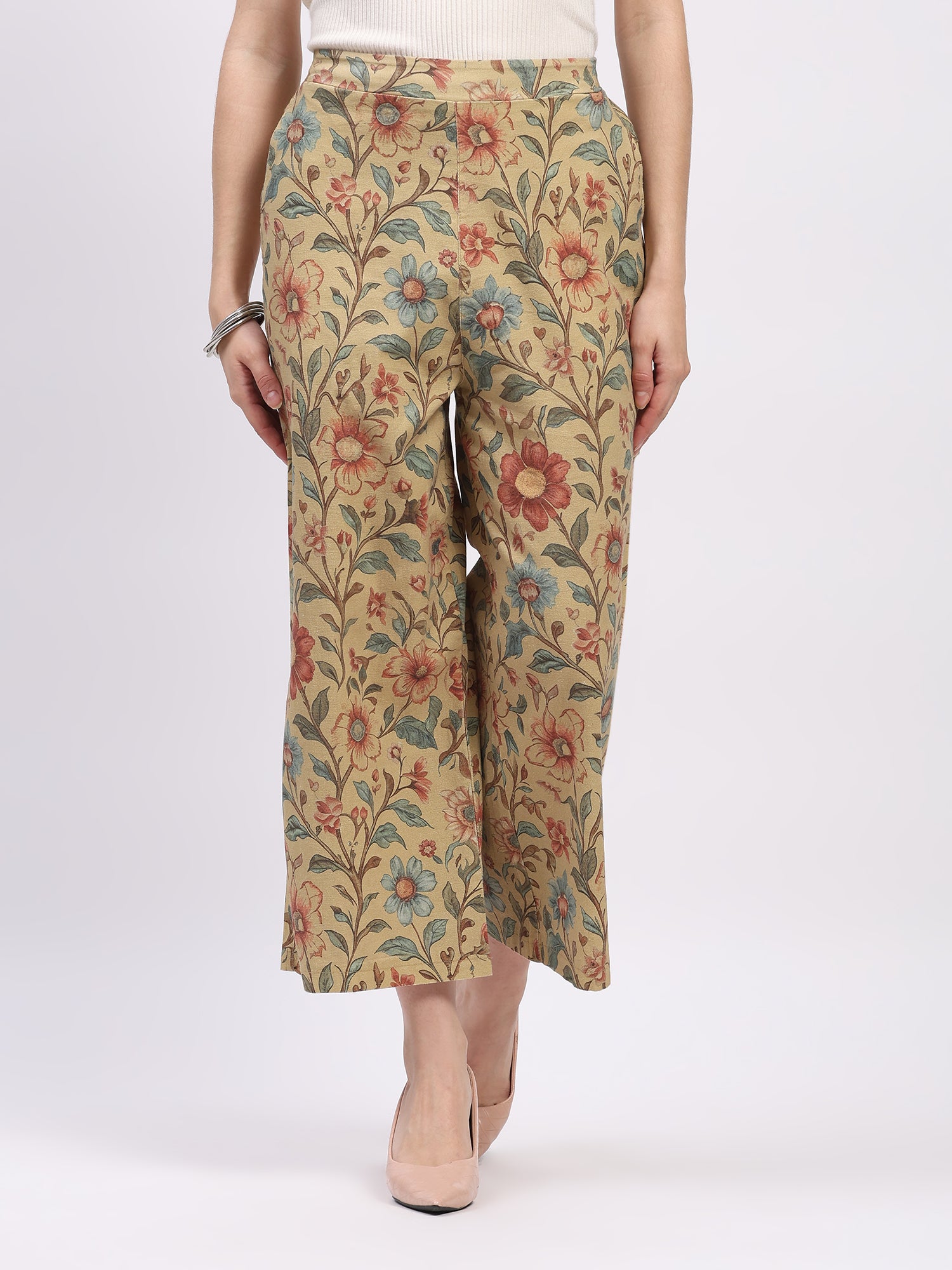 Beige Floral Print Cotton Lower