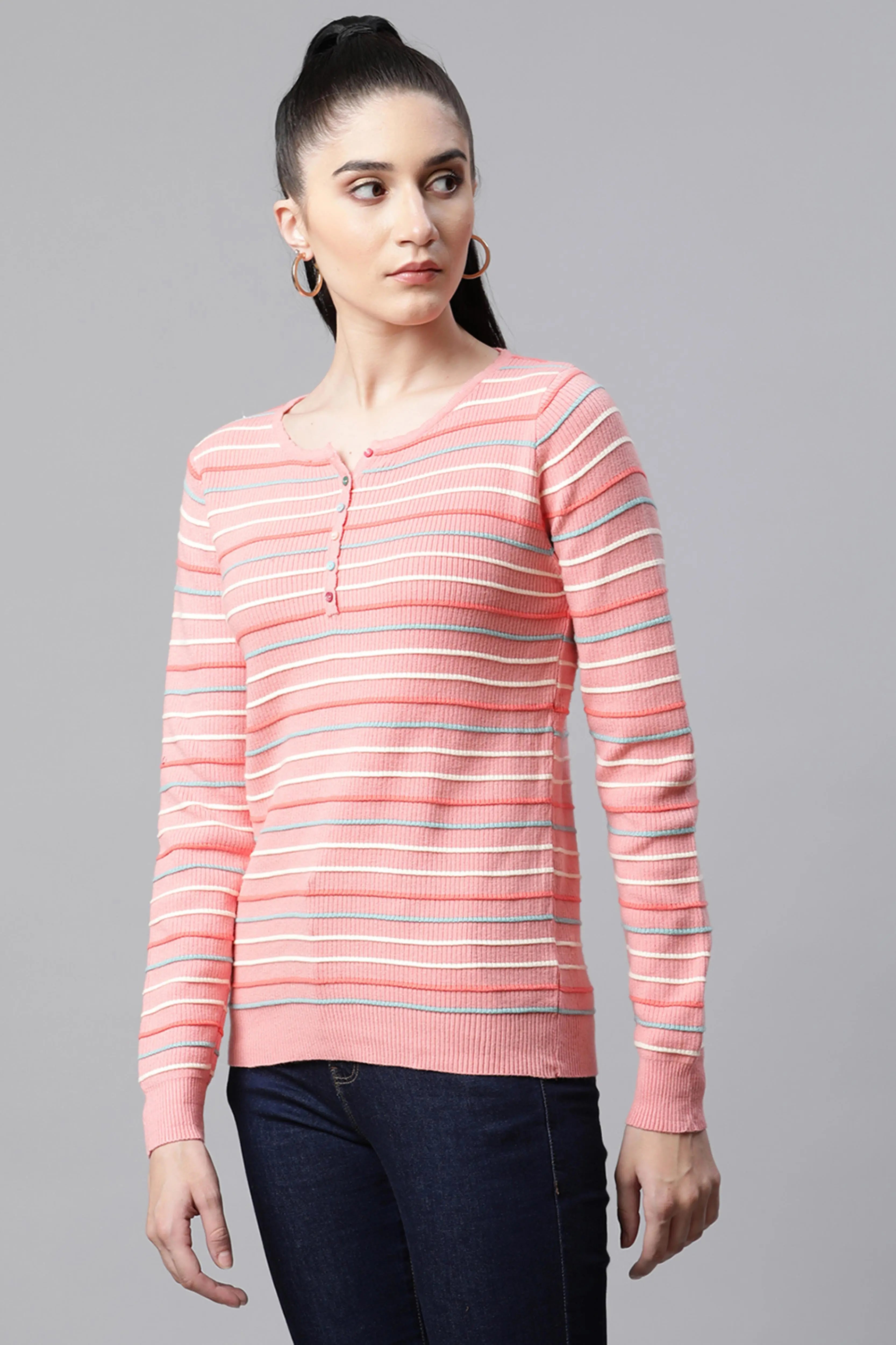 Women Pink Round Neck Regular Fit Striped Pullover - Global Republic