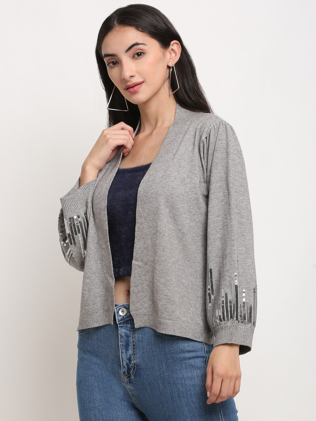 Women Grey Open Neck Loose Fit Shrug - Global Republic