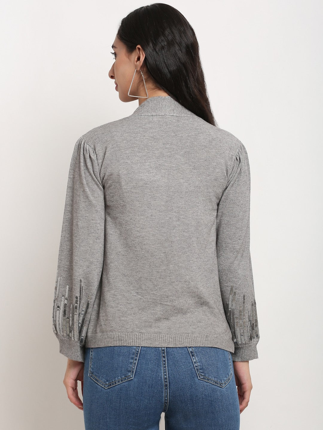 Women Grey Open Neck Loose Fit Shrug - Global Republic