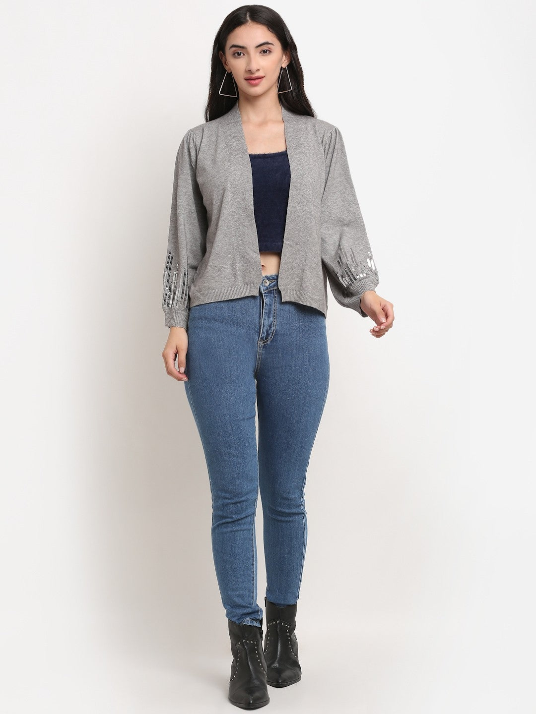 Women Grey Open Neck Loose Fit Shrug - Global Republic