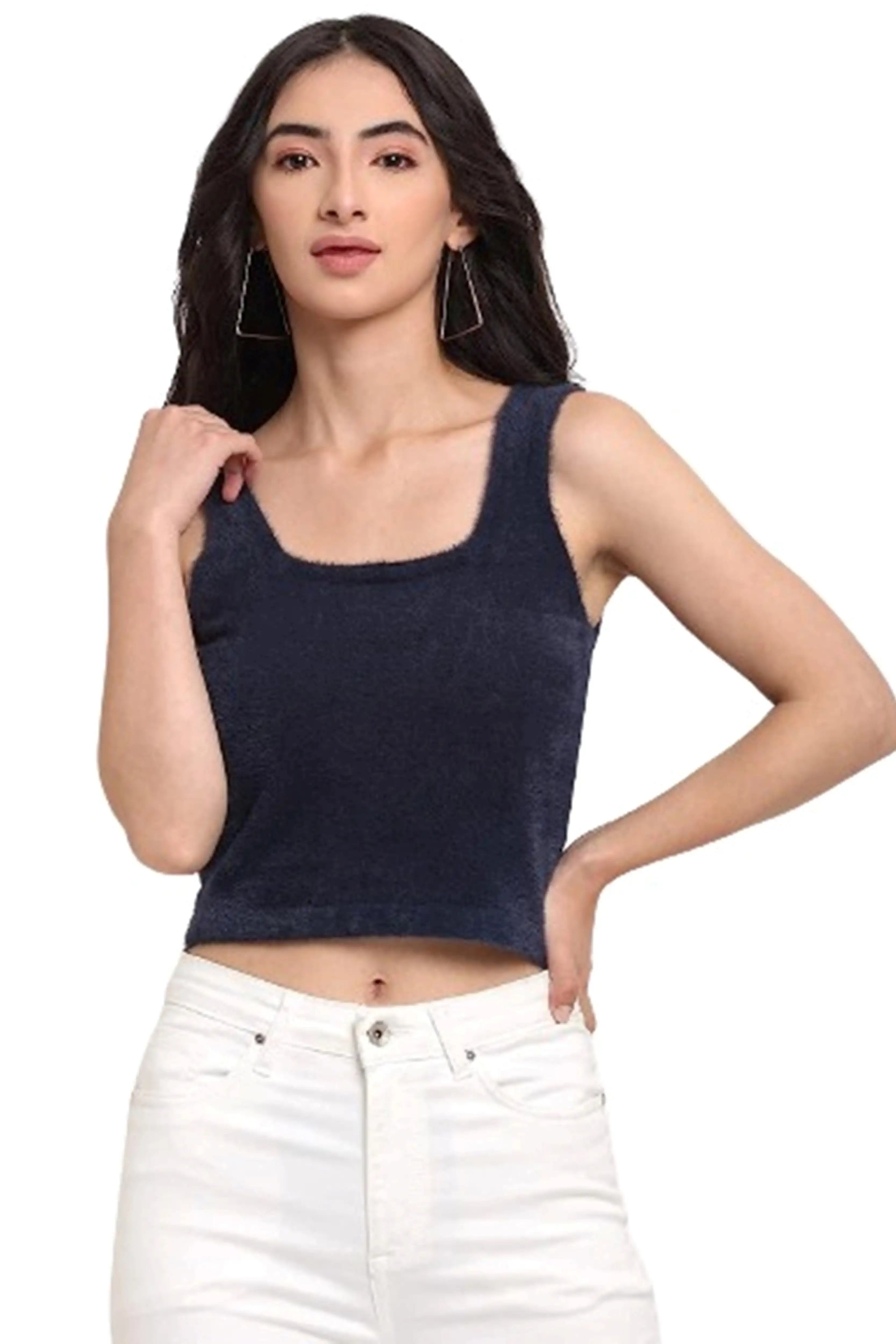 Blue Cotton Blend Cropped Pullover