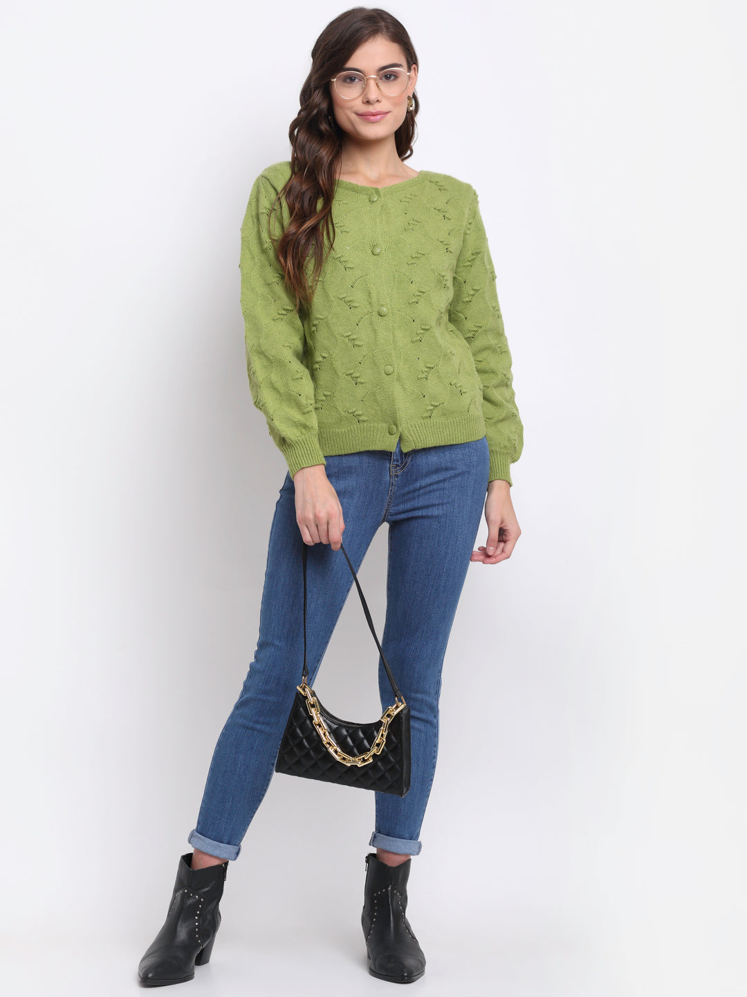 Green Knitted Solid Cardigan - Global Republic