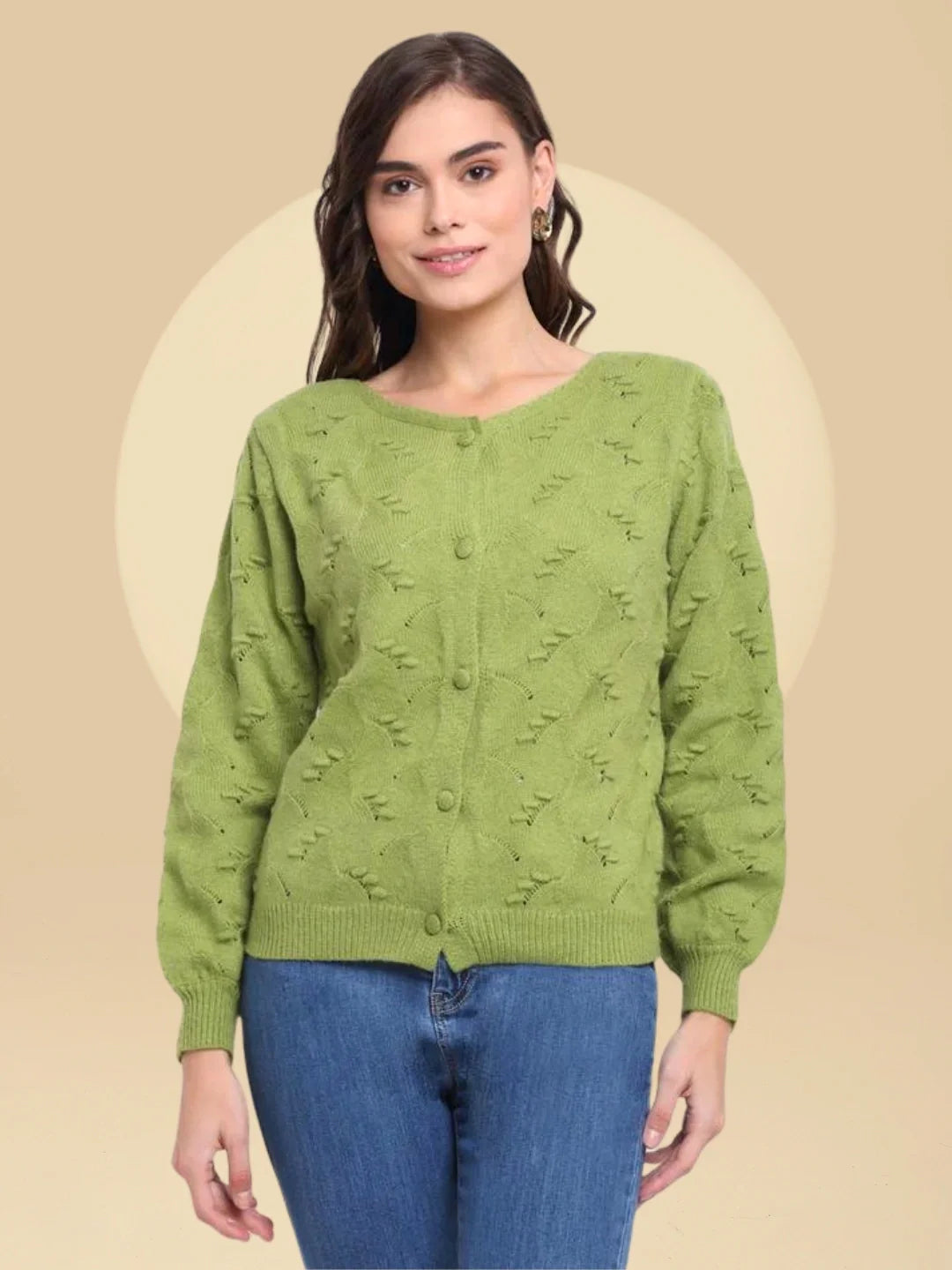 Green Knitted Solid Cardigan - Global Republic