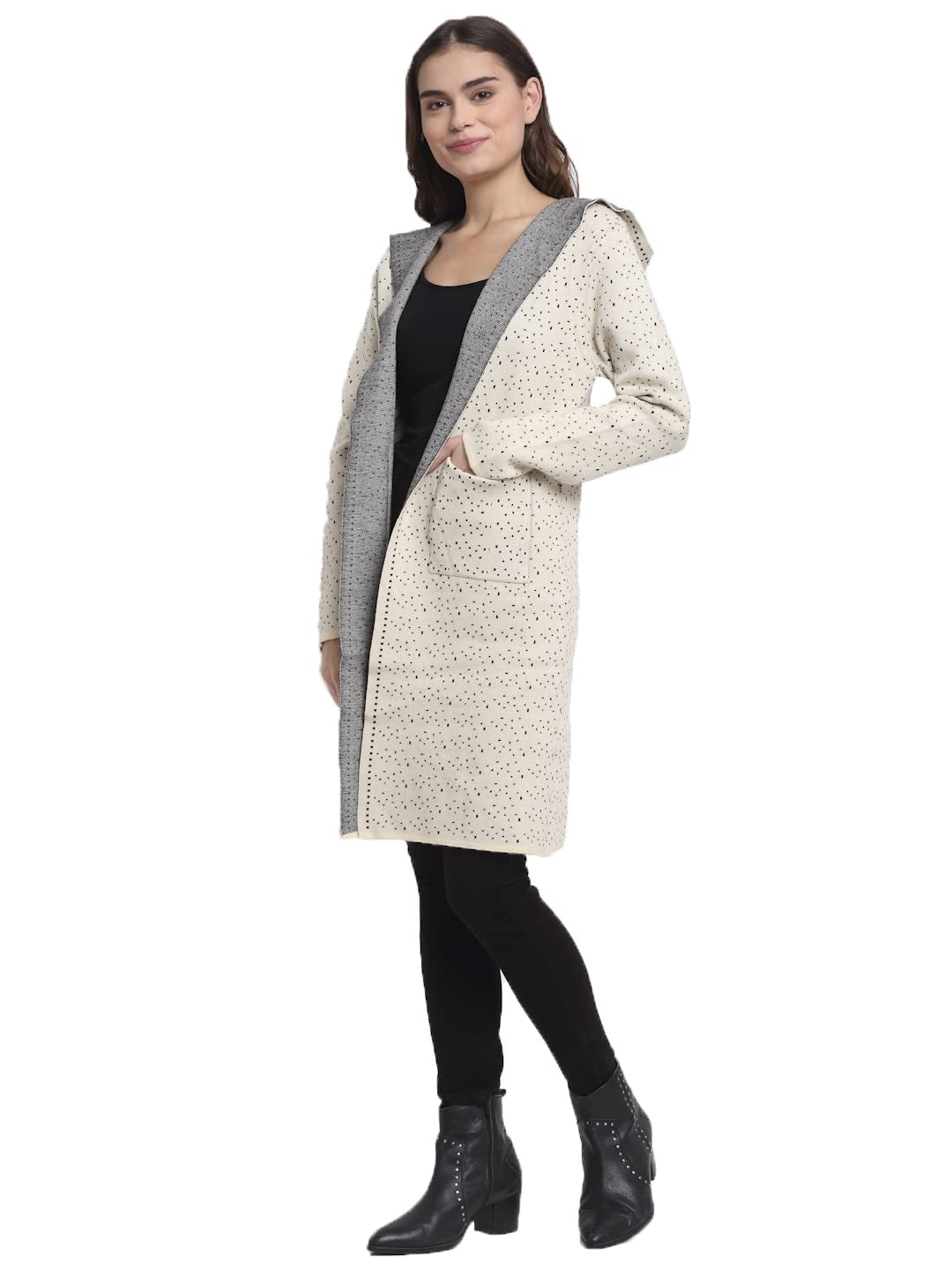 Women Beige Hooded Knitted Loose Fit Shrug - Global Republic