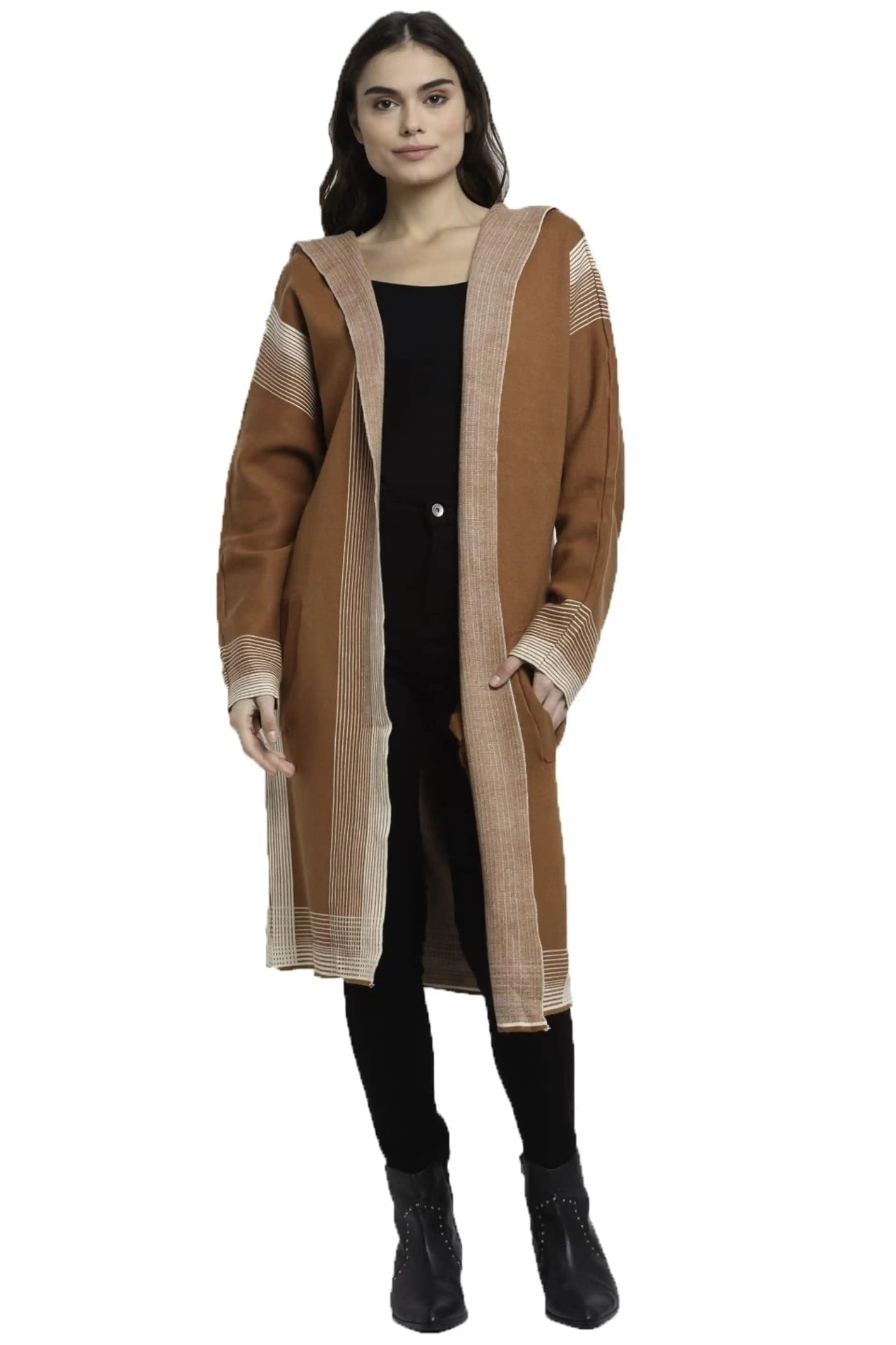 Brown Hooded Wool Blend Shrug