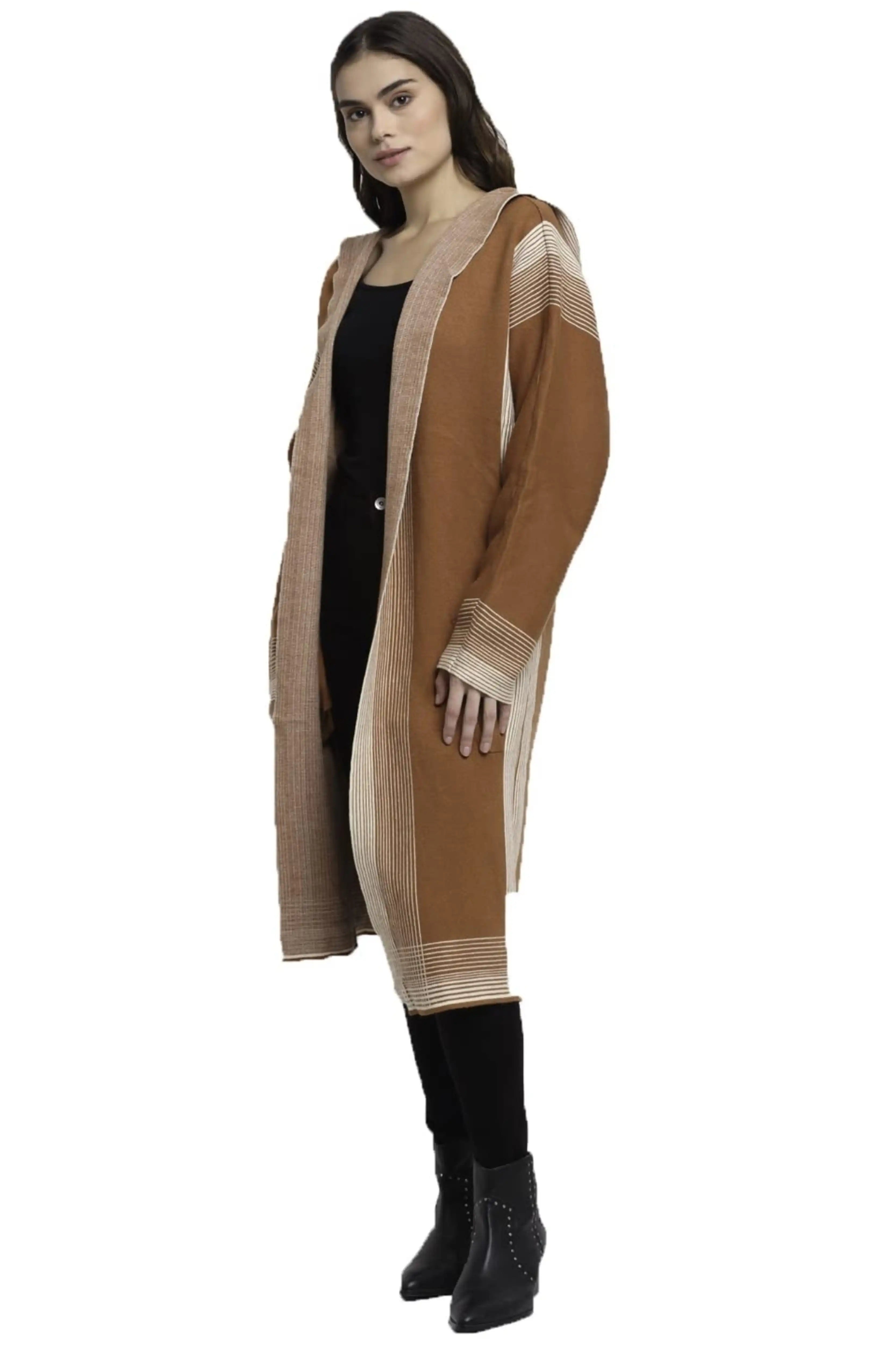 Brown Hooded Wool Blend Shrug