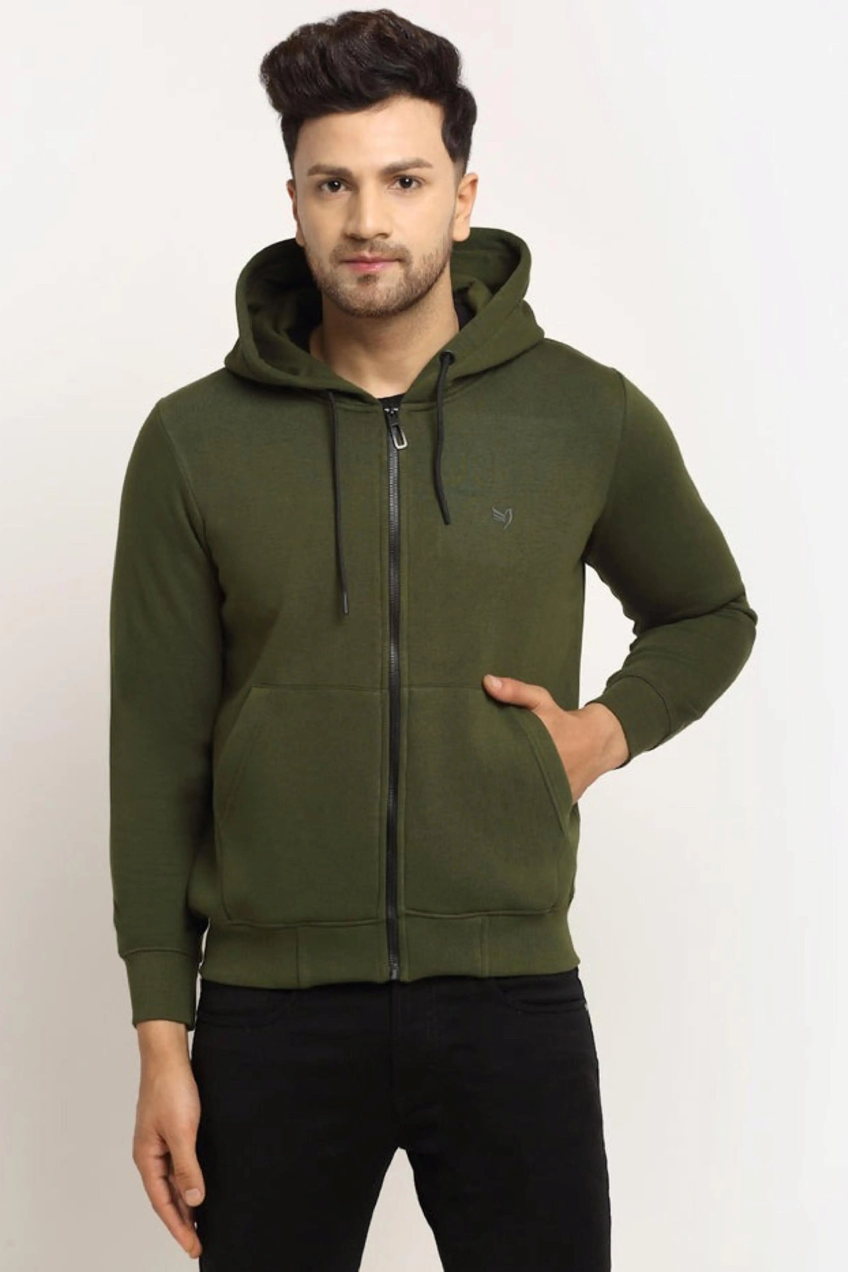 Men Olive Green Hosiery Solid Hooded Sweatshirt - Global Republic