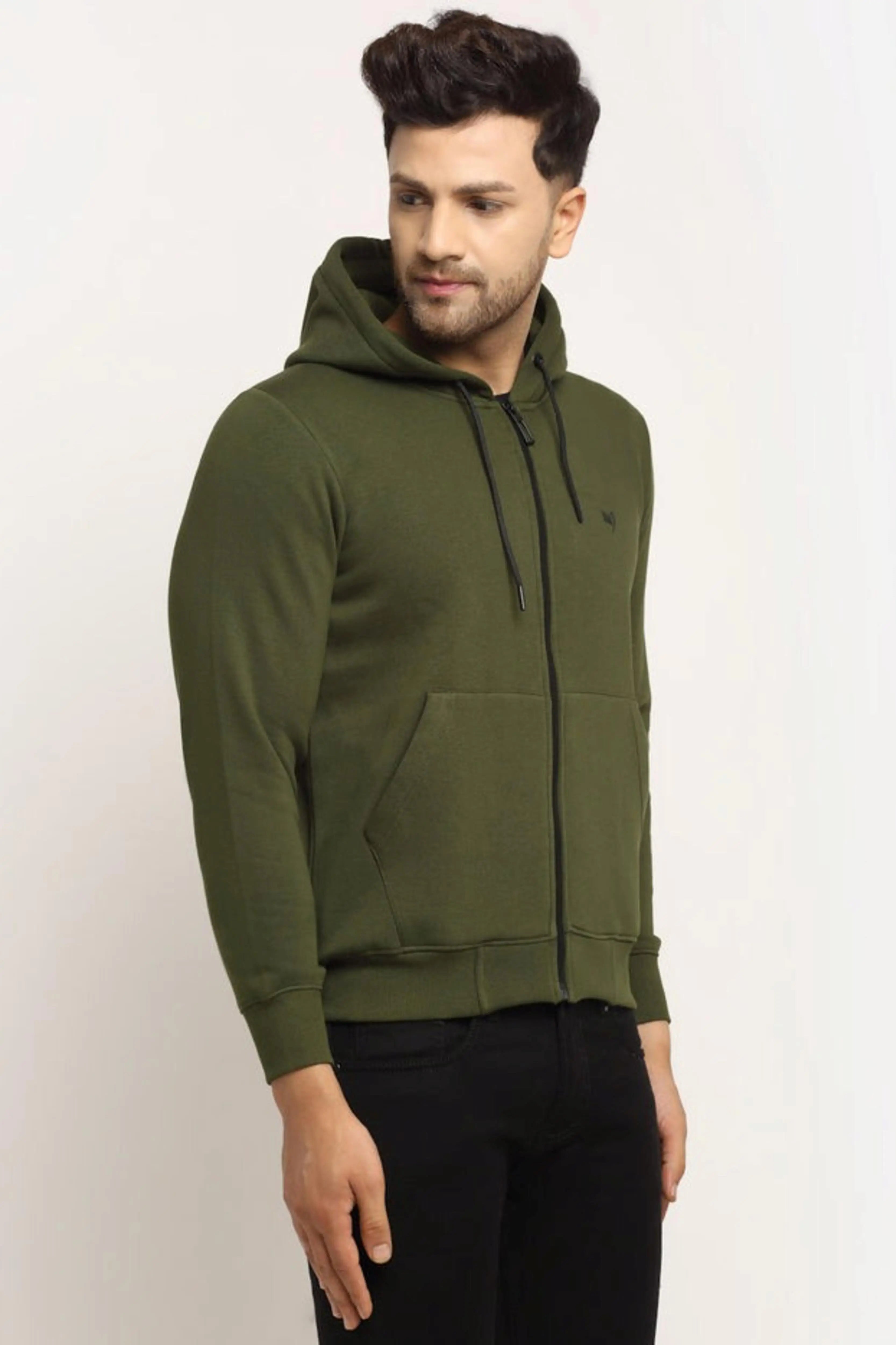 Men Olive Green Hosiery Solid Hooded Sweatshirt - Global Republic