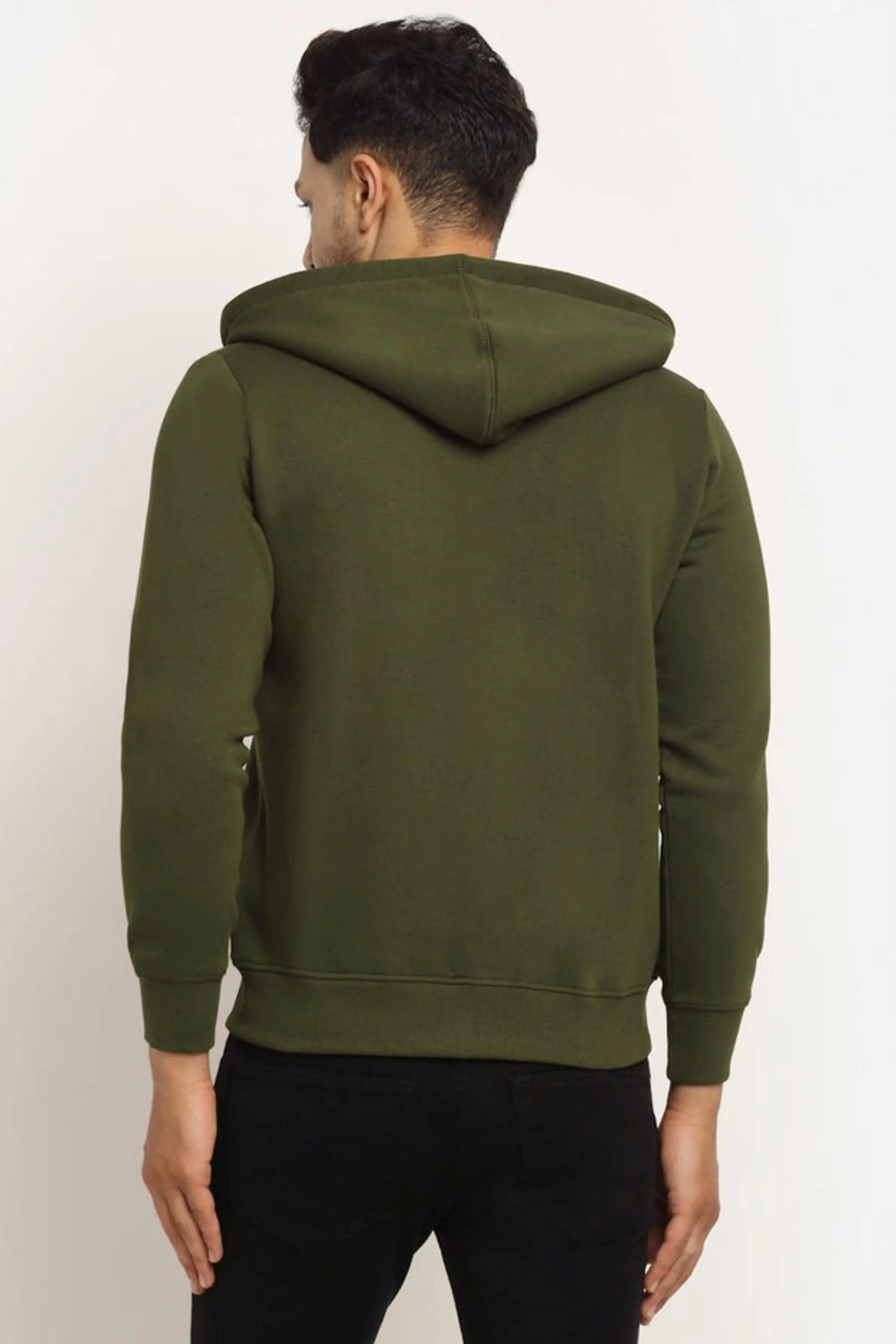Men Olive Green Hosiery Solid Hooded Sweatshirt - Global Republic