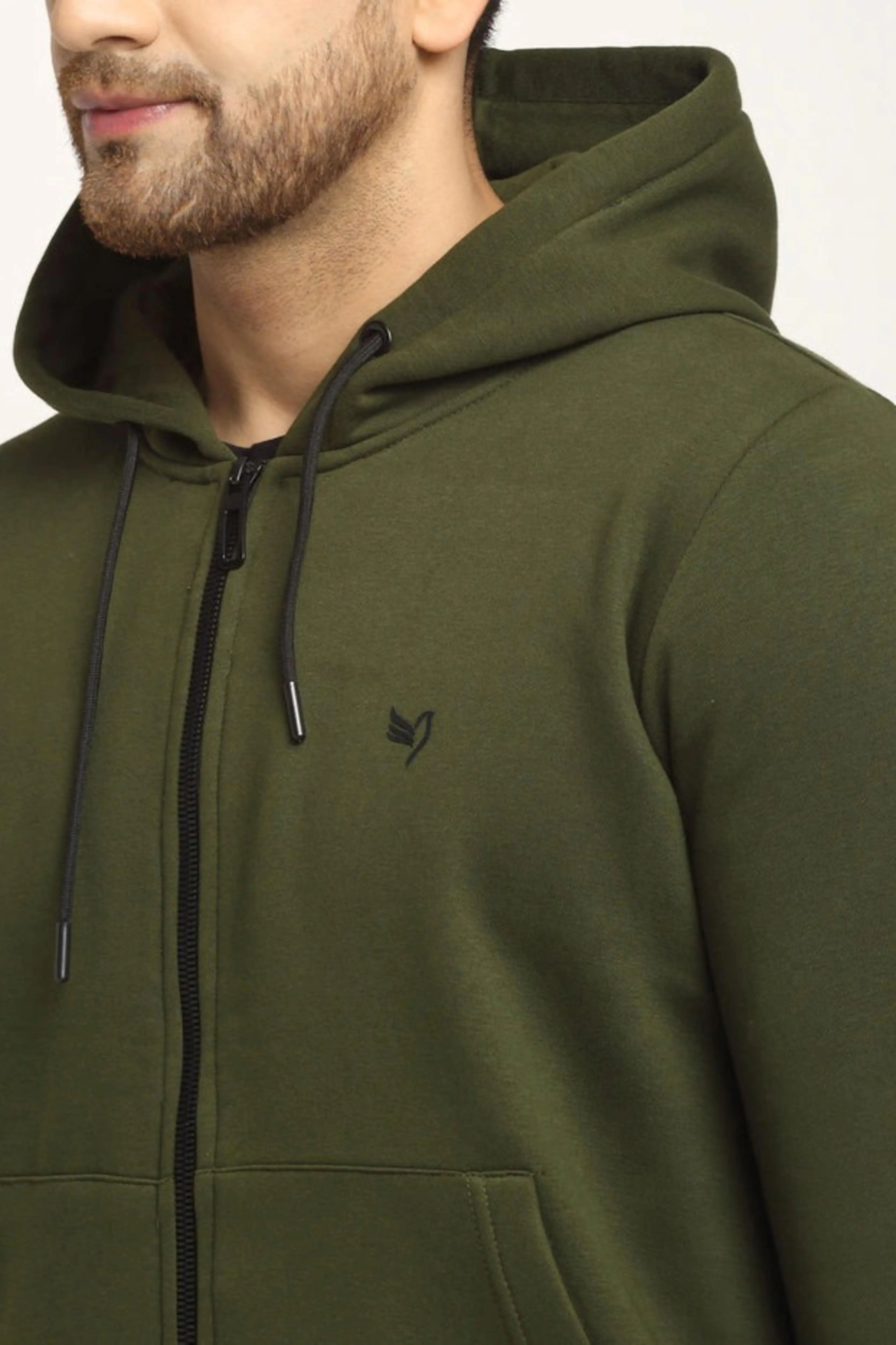 Men Olive Green Hosiery Solid Hooded Sweatshirt - Global Republic