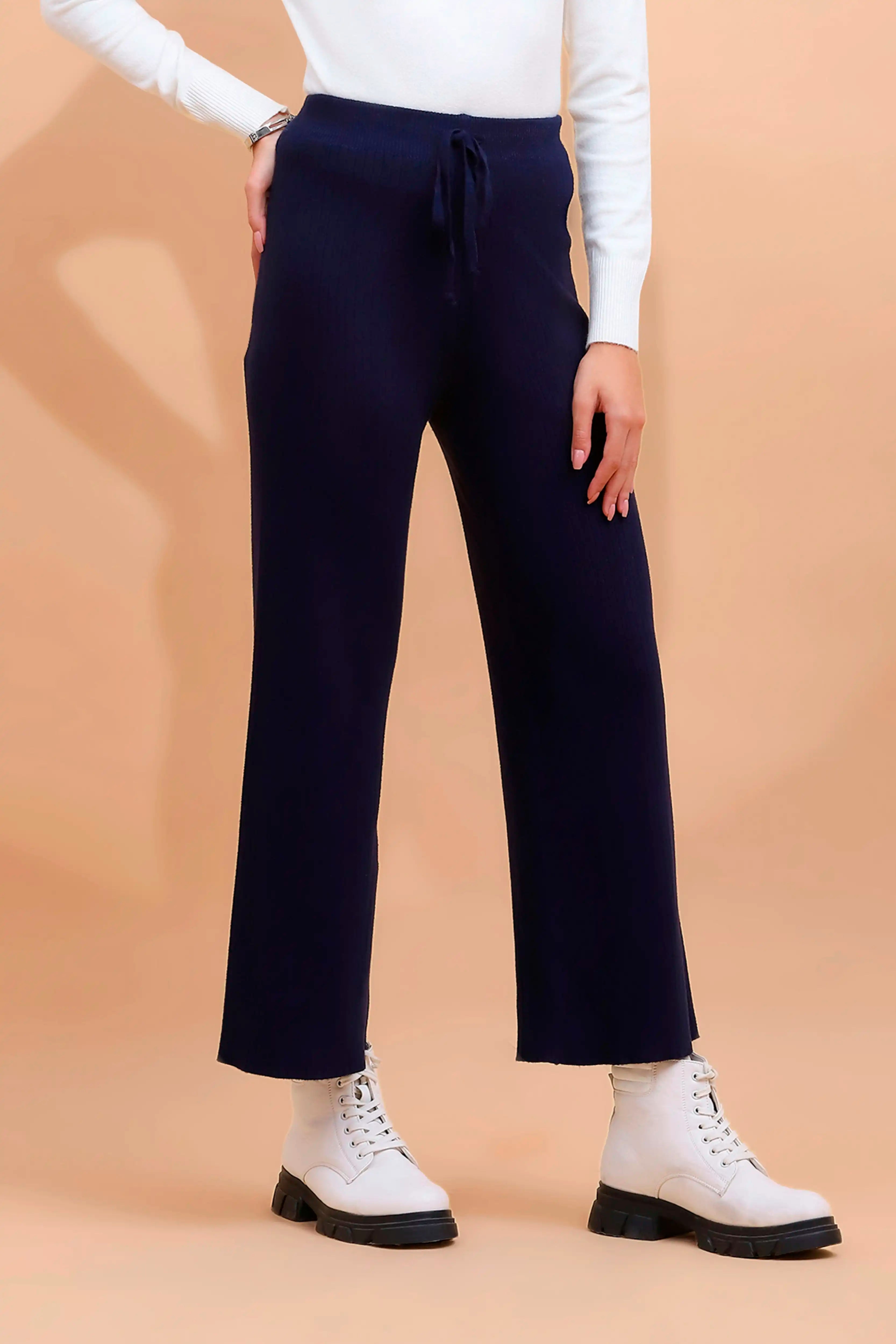 Navy Blue Viscose Blend Solid Lower