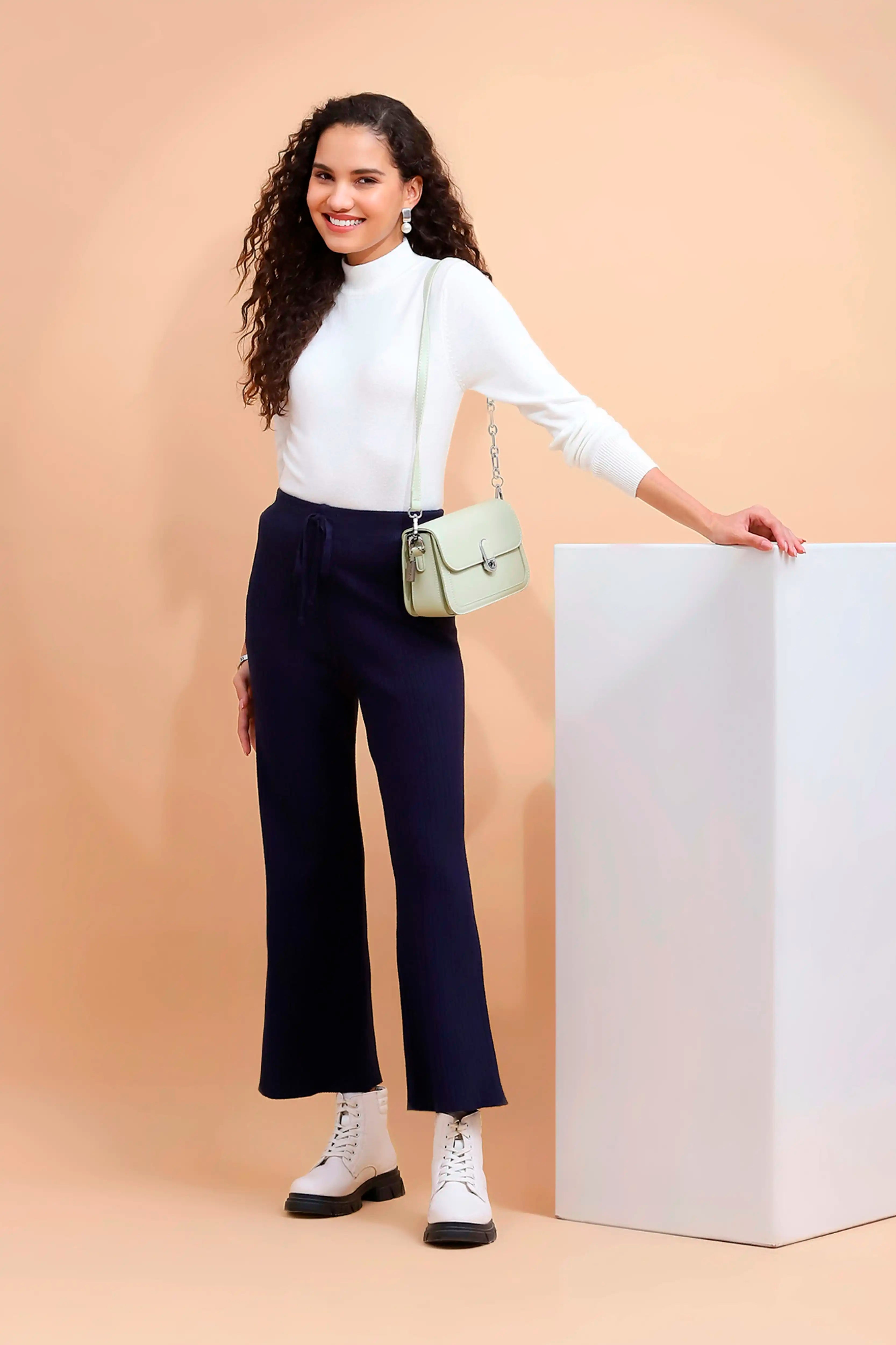 Navy Blue Viscose Blend Solid Lower